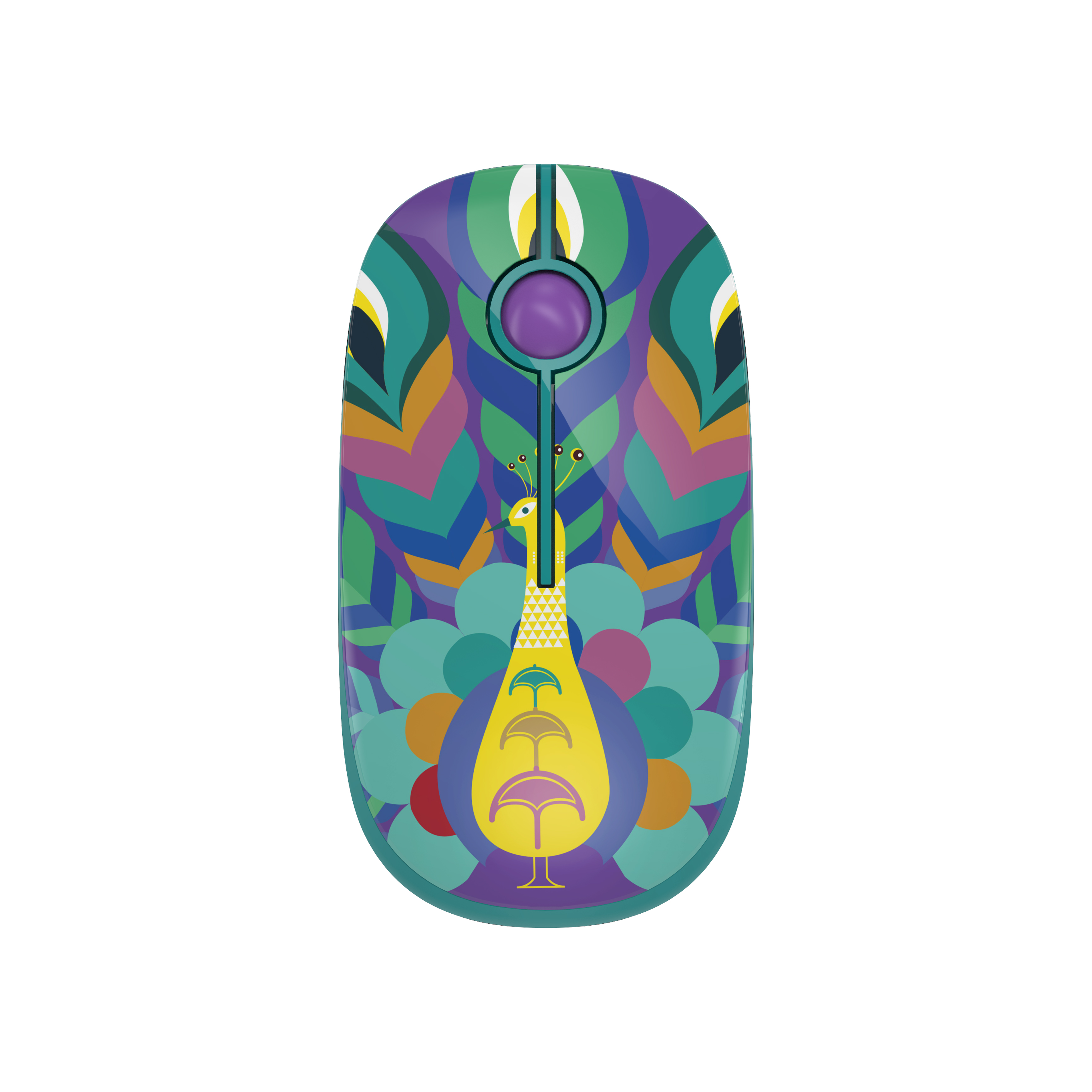 Kolorowa mysz bezprzewodowa z motywem pawia na białym tle.