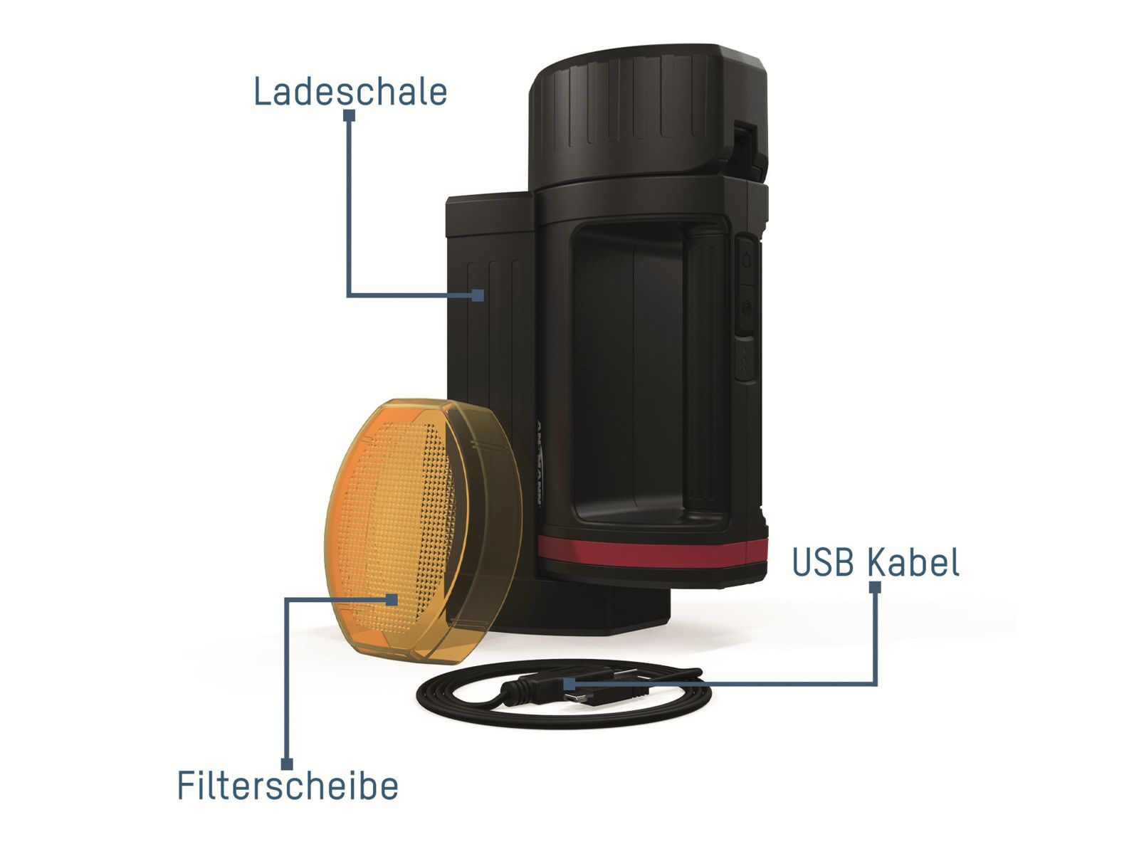 Lampe de poche noire avec filtre orange et câble USB sur fond blanc. Pièces étiquetées.