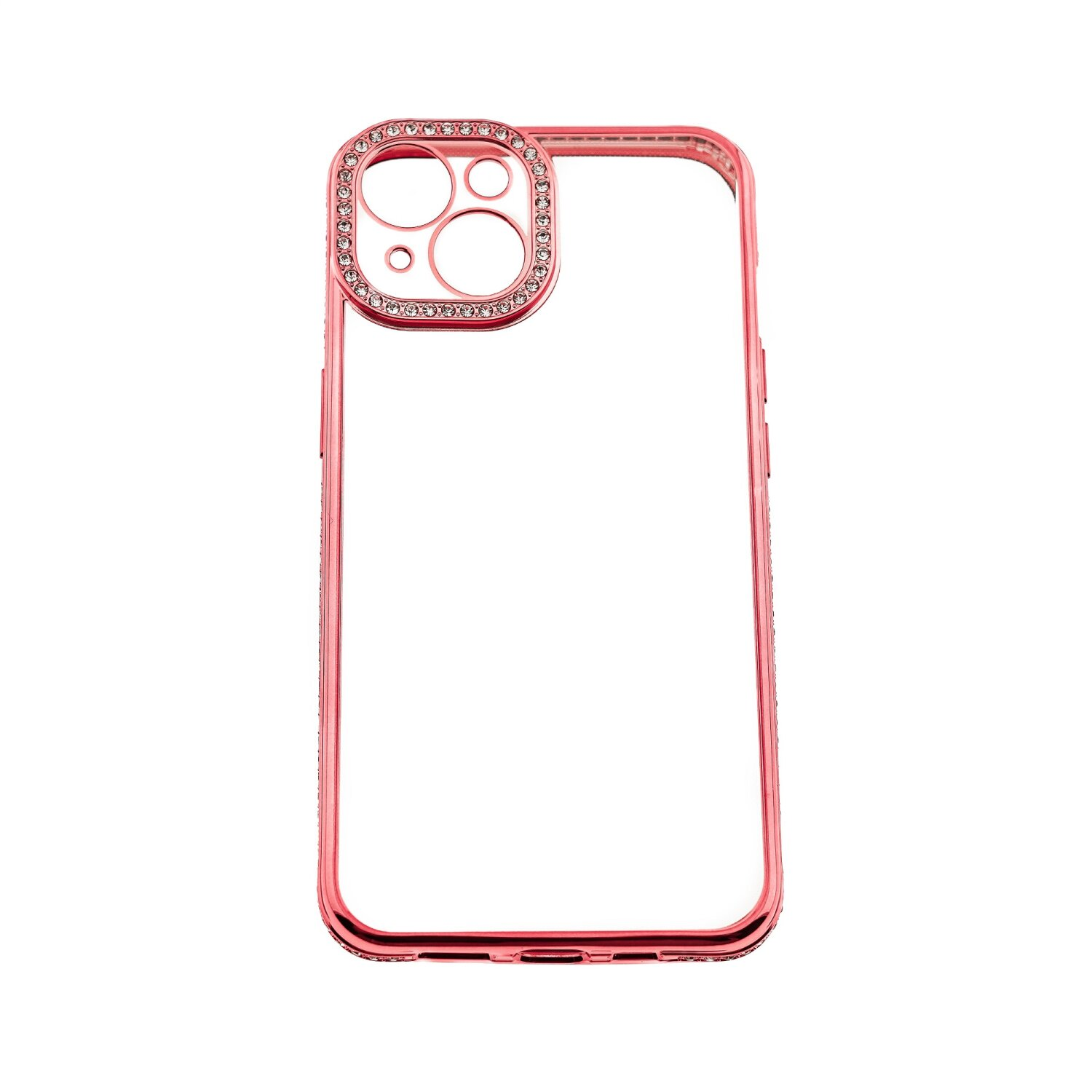 Custodia per telefono rosa, con bordo di cristallo. Pannello posteriore trasparente. Per un telefono. Stile glamour.