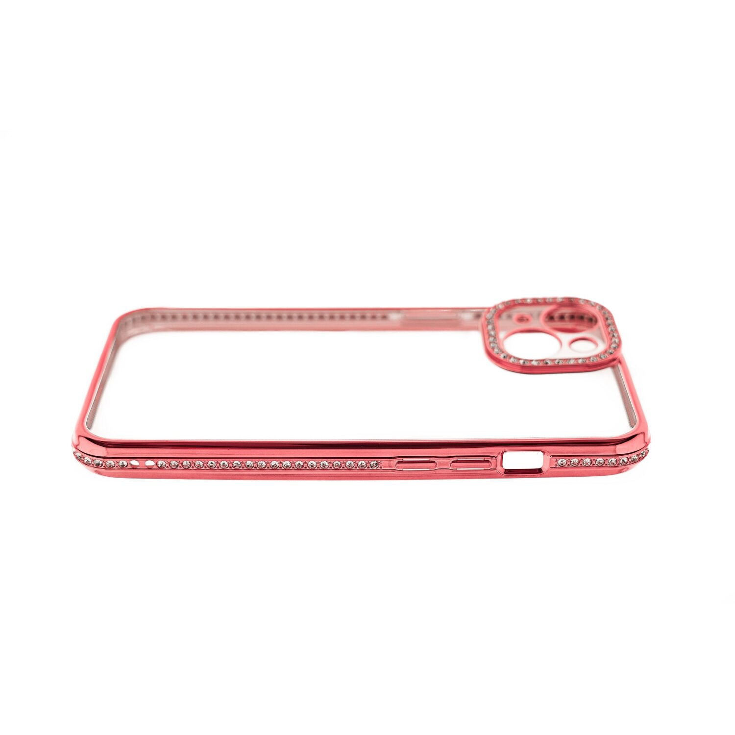 Una custodia rosa per telefono con strass, centro trasparente. Sfondo bianco.