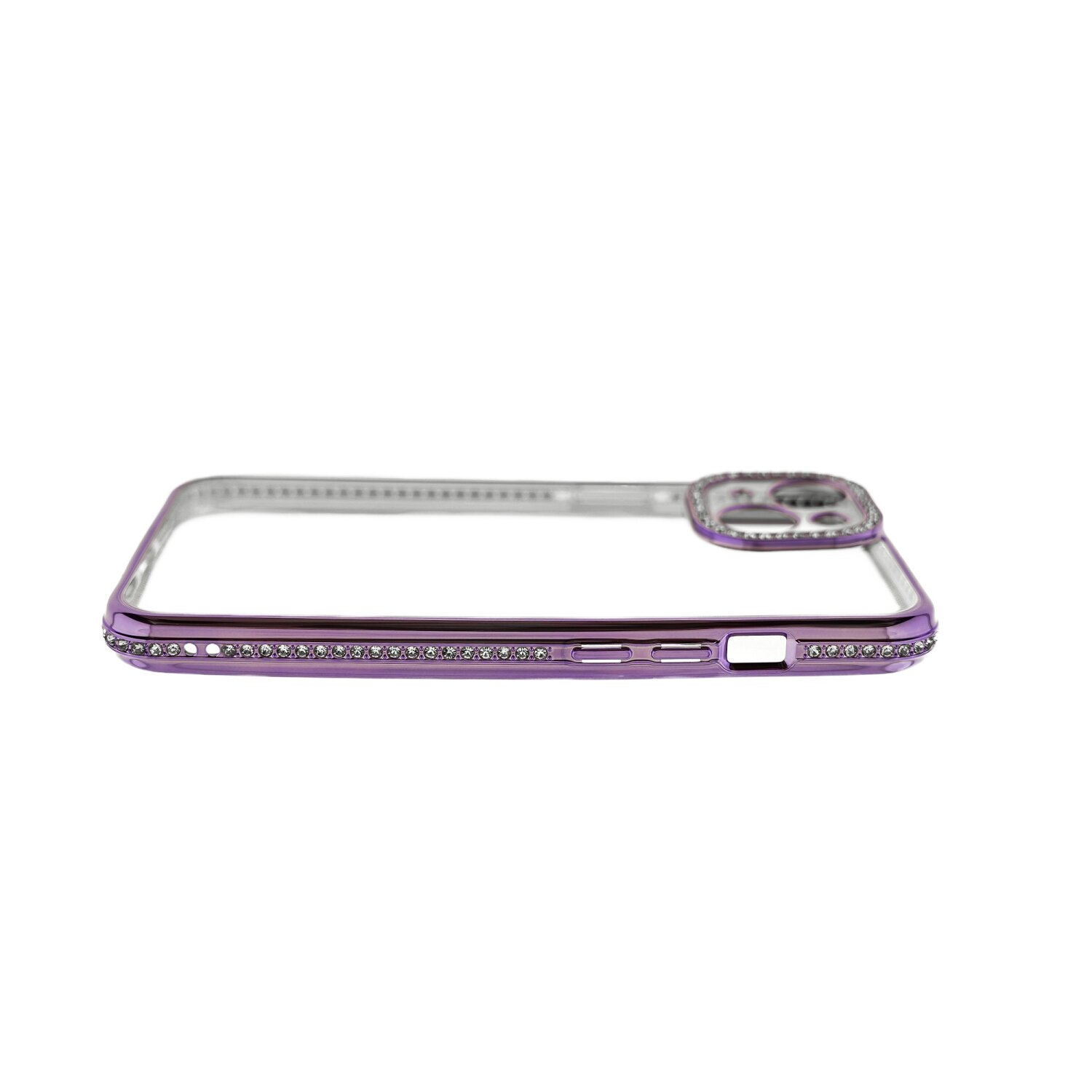 Una custodia per telefono viola con strass sui bordi.