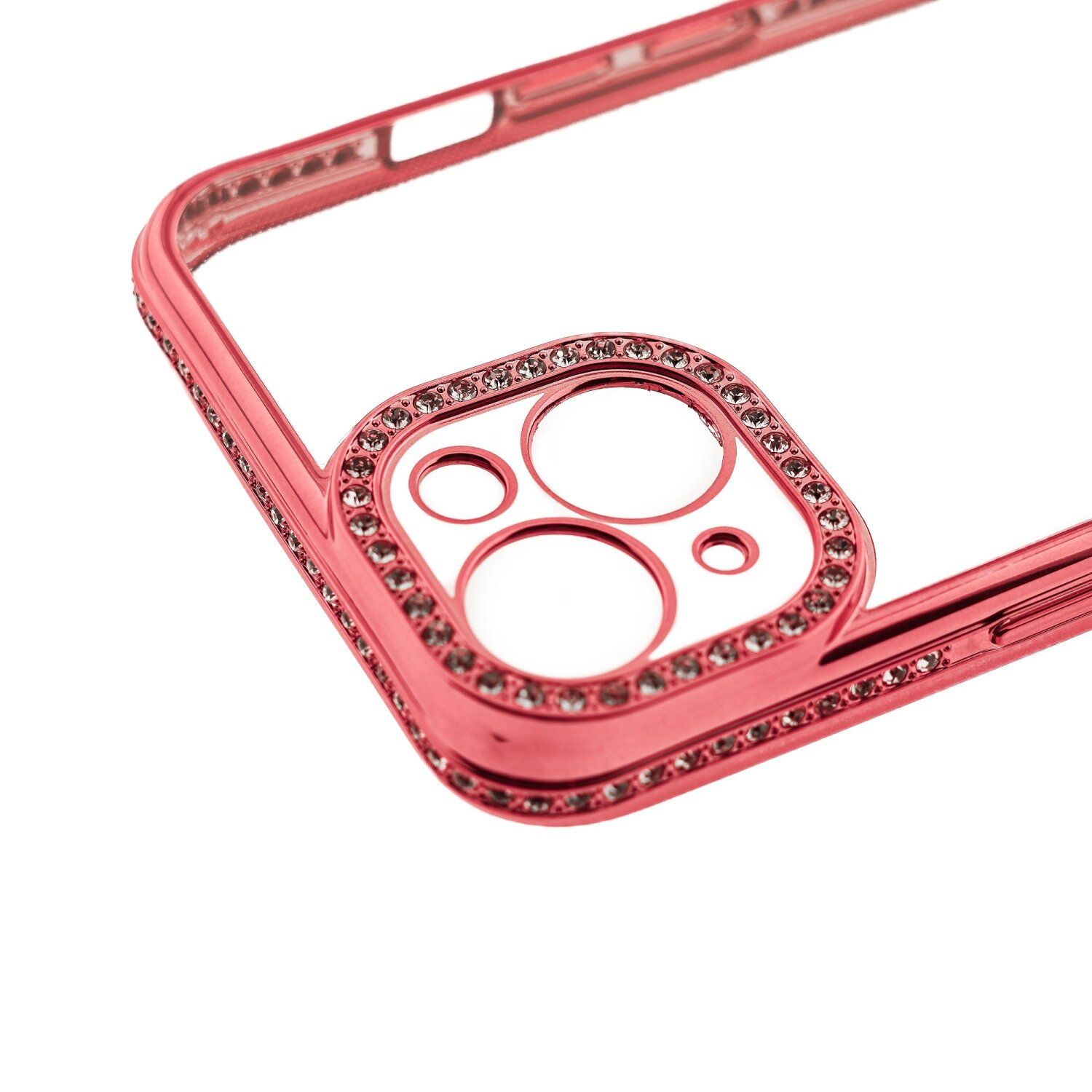 Custodia rosa dorato con bordi trasparenti e strass attorno alla fotocamera.