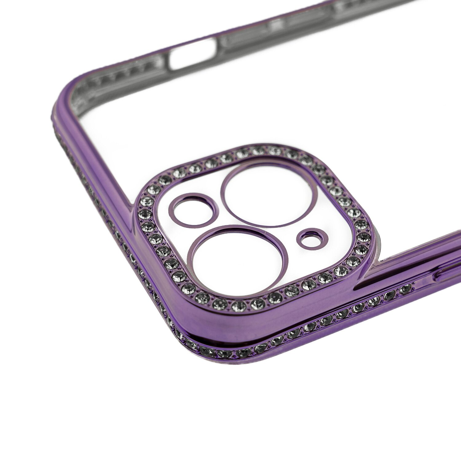 Custodia viola per telefono con diamanti intorno alla fotocamera.