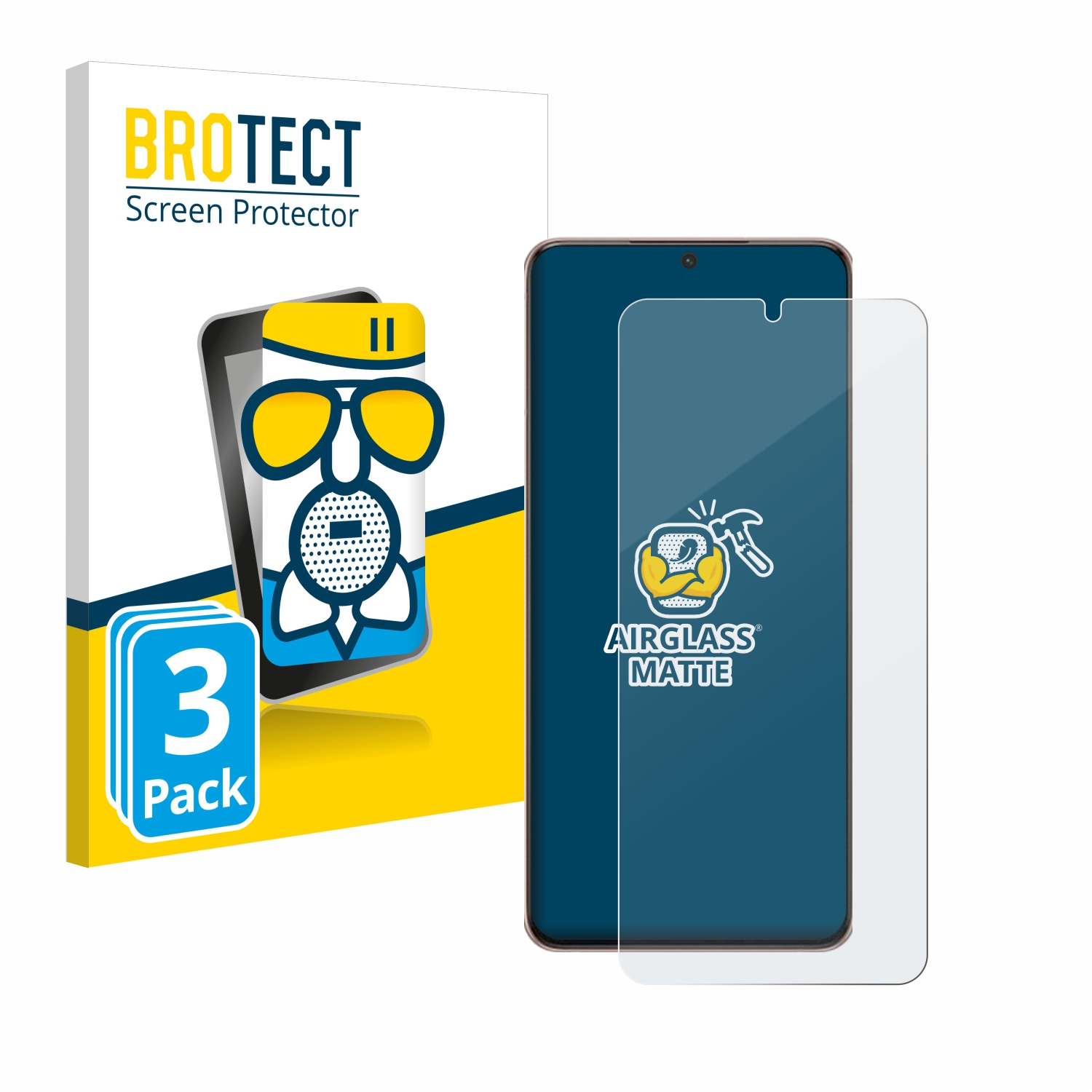 Telefon und Displayschutzfolie mit Verpackung. Schutz ist matt. Telefon im Fokus.