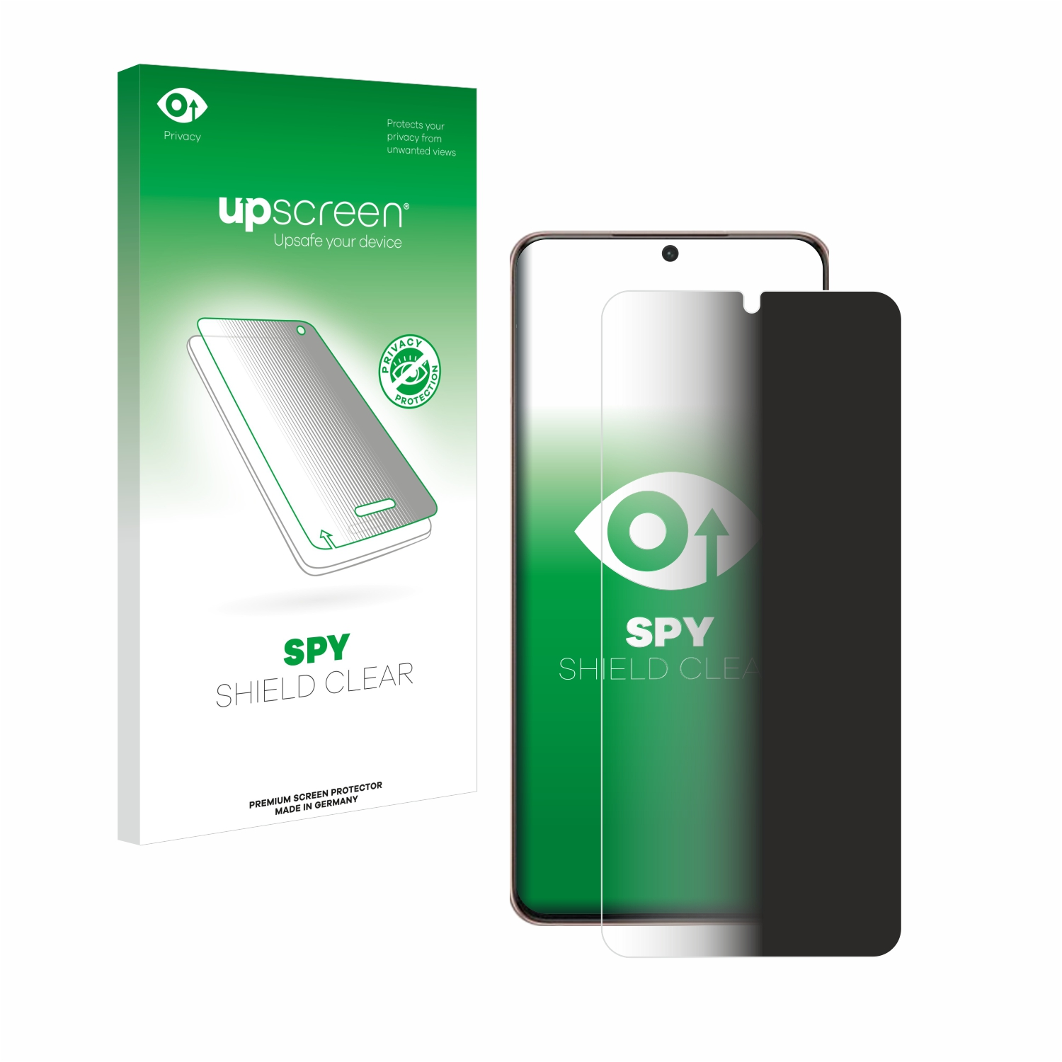 Smartphone mit Displayschutzfolie, Schachtel und Verpackung des Protektors.