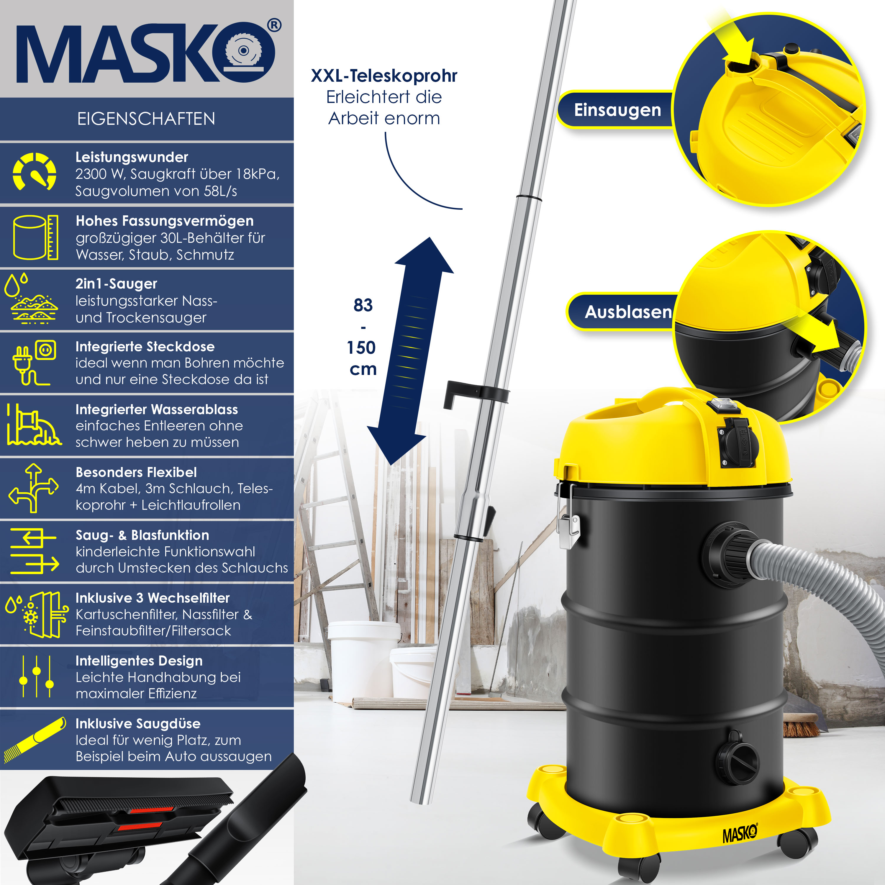 MASKO 20942 Industriestaubsauger Staubsauger, maximale 2300 Watt, Leistung: gelb)