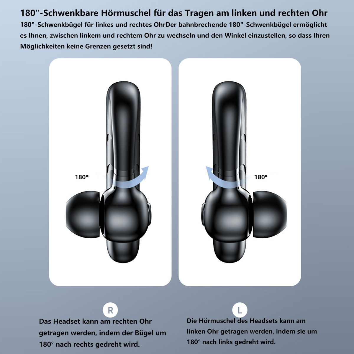 Schwarze kabellose Ohrhörer. Diagramm zeigt, dass die Ohrhörer auf beiden Ohren getragen werden können.