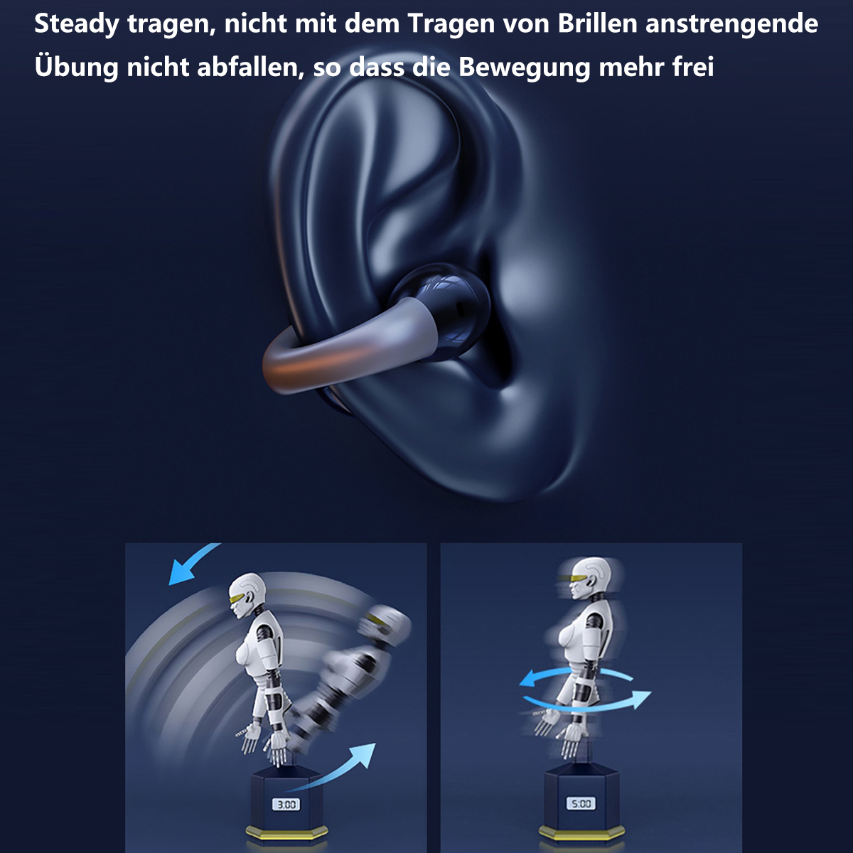 Ohrhörer im Ohr, visuelle Hilfsmittel und zwei Roboterfiguren. Blauer Hintergrund.
