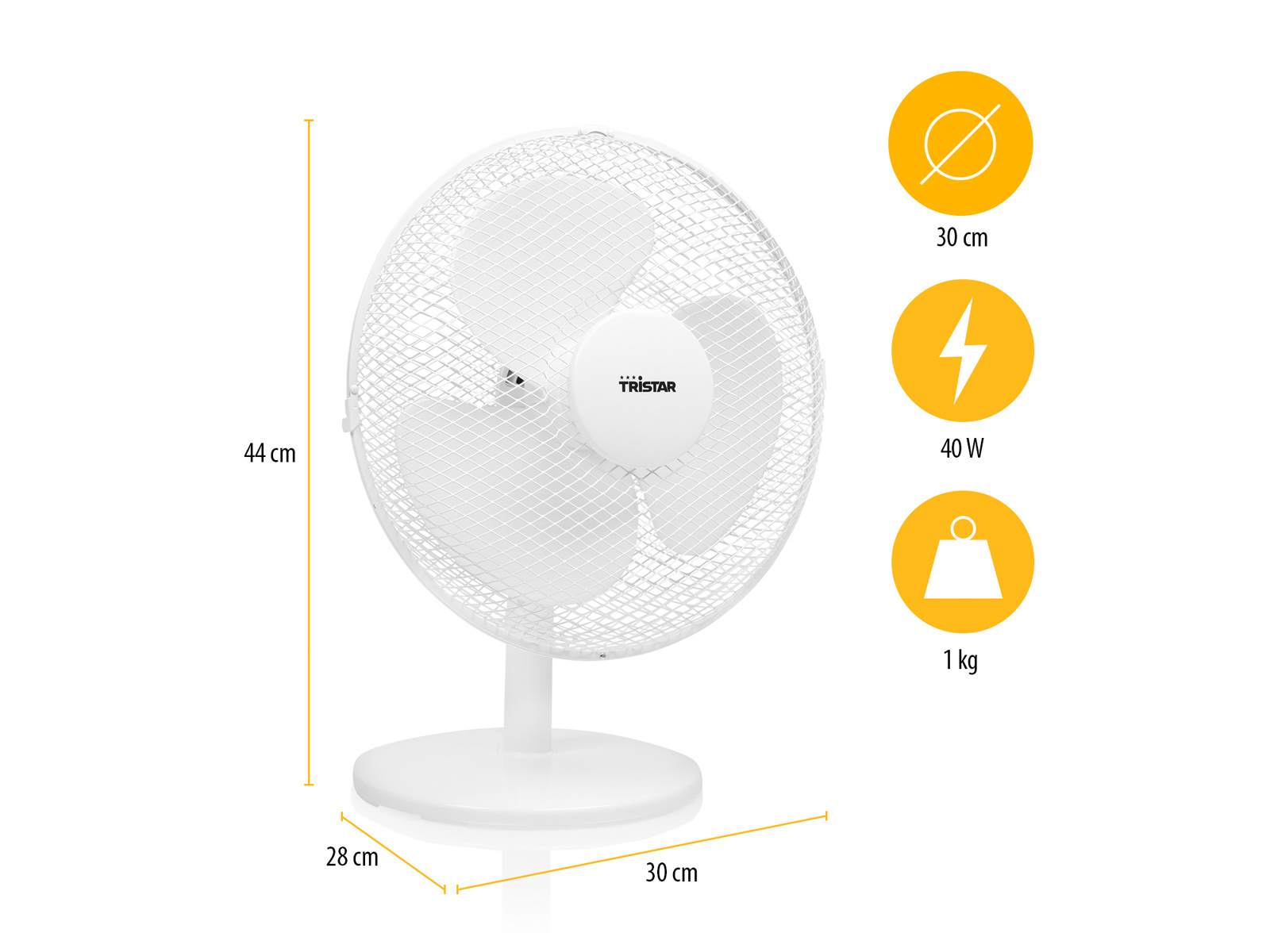 Weißer Tristar-Ventilator mit Maßangaben. Enthält 30 cm Durchmesser, 40 W Leistung und 1 kg Gewicht.