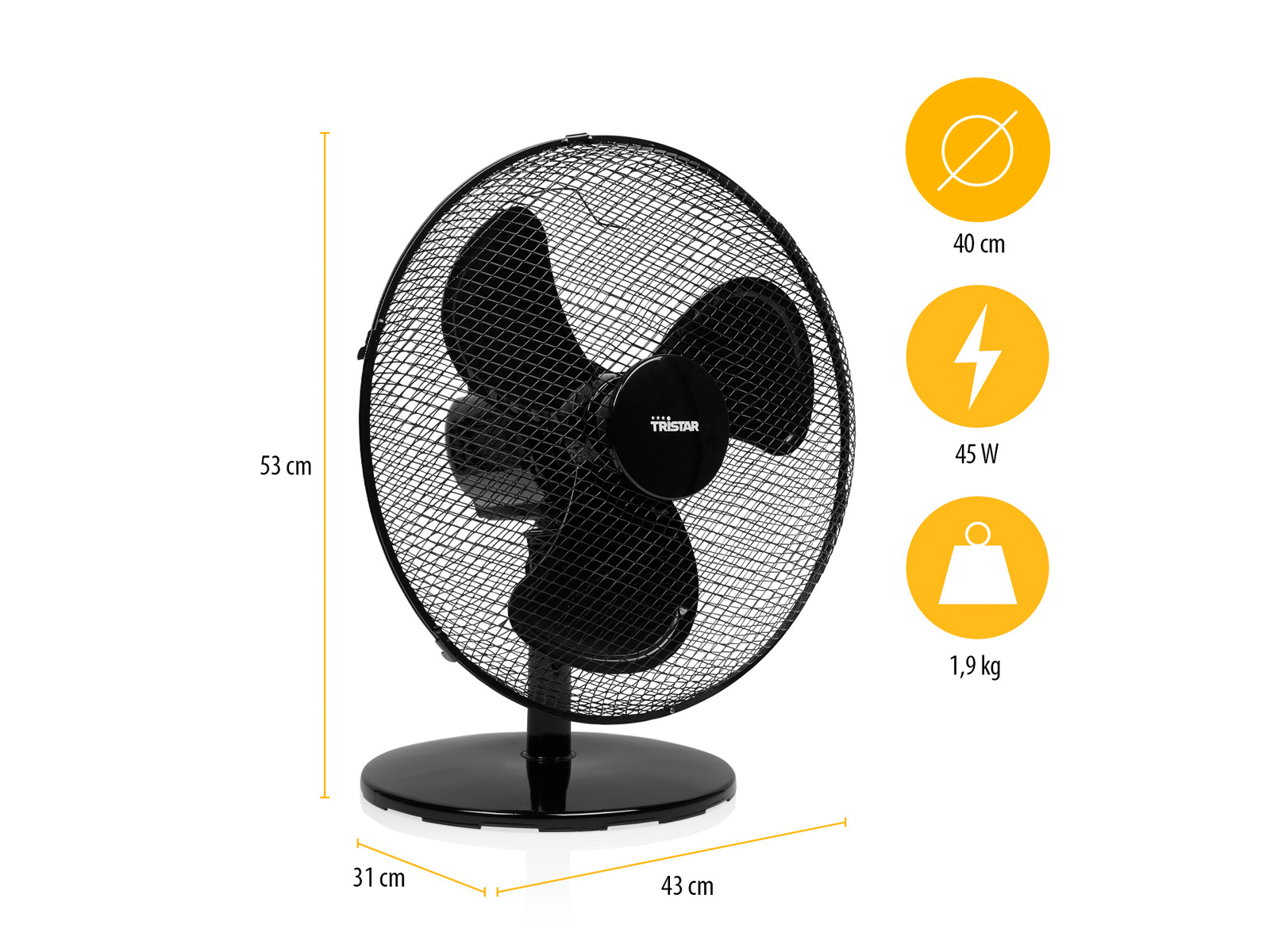 Schwarzer Ventilator mit Abmessungen. Schwarze Flügel, Gitter und Sockel. Weißer Hintergrund.