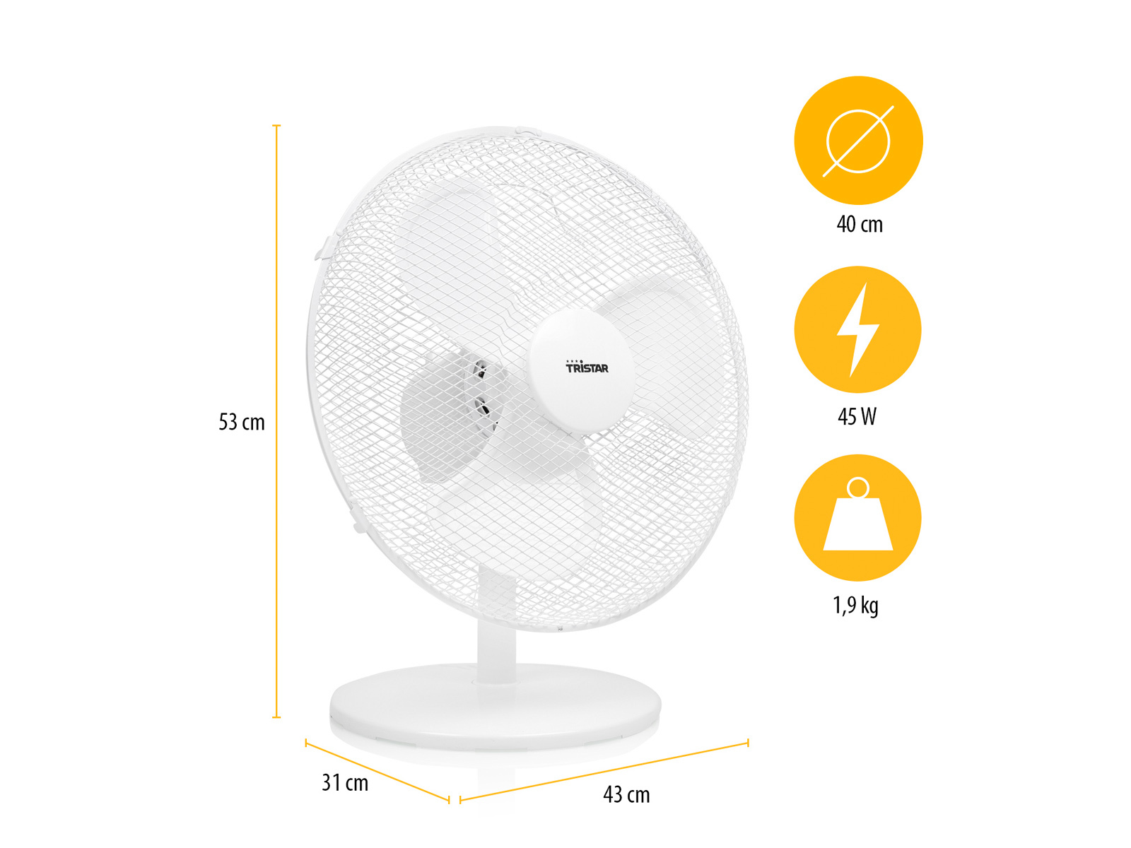 Weißer Standventilator mit Abmessungen. Details: Durchmesser 40 cm, 45 W Leistung und 1,9 kg Gewicht.
