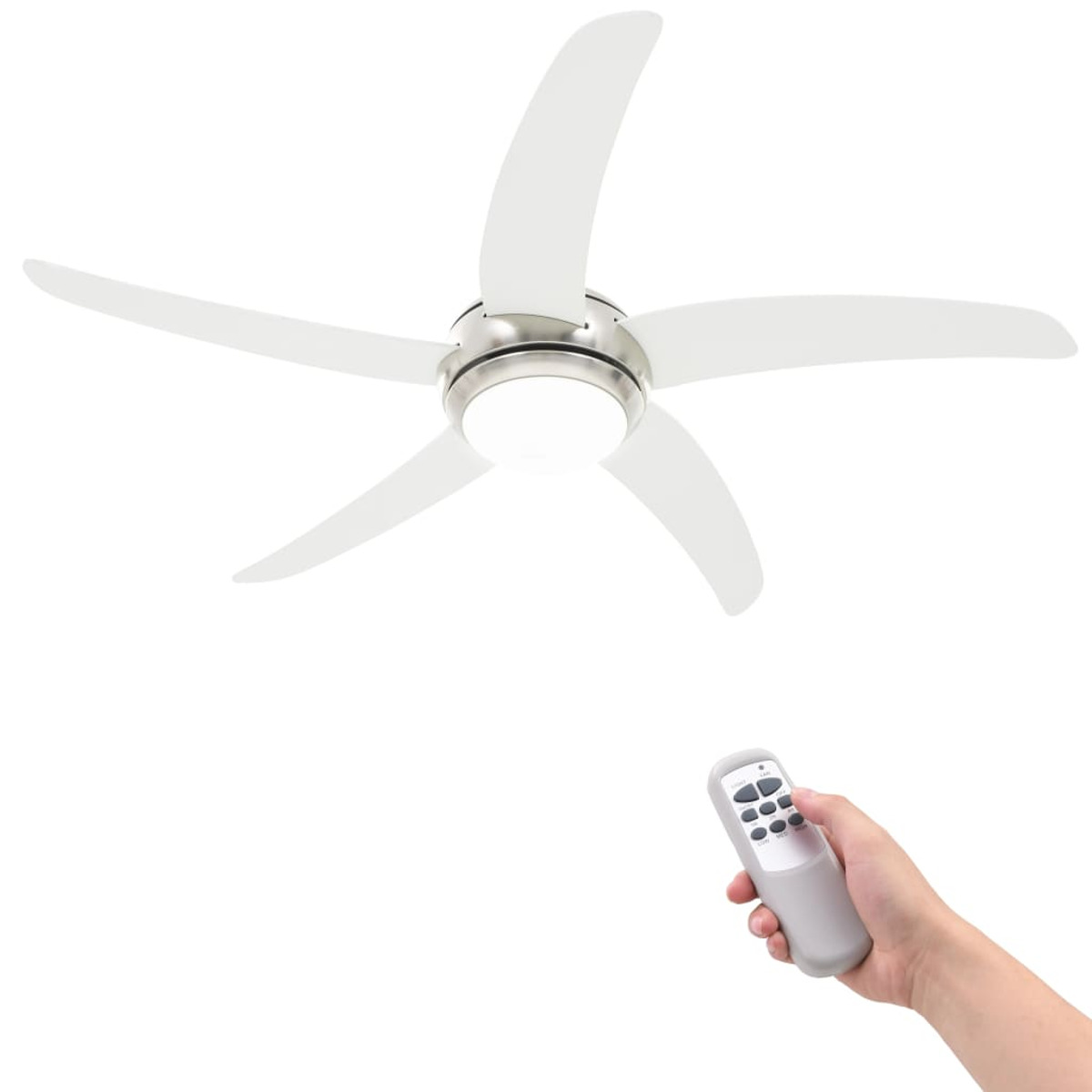 Ventilatore da soffitto bianco con cinque pale e telecomando. Sfondo bianco.