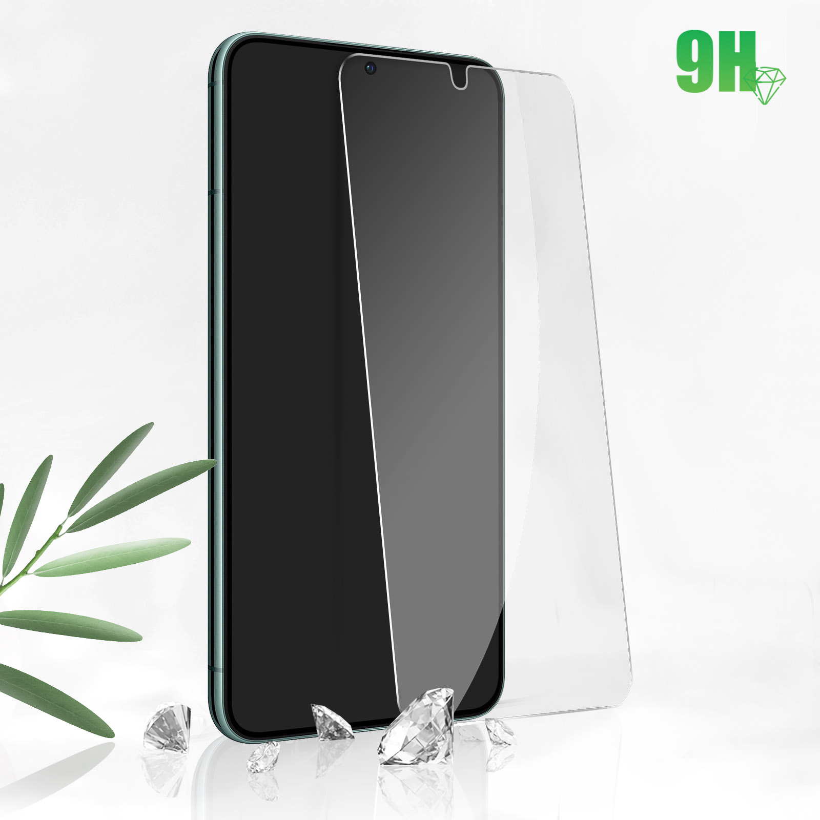 Un telefono con una protezione per lo schermo e tre piccoli diamanti.