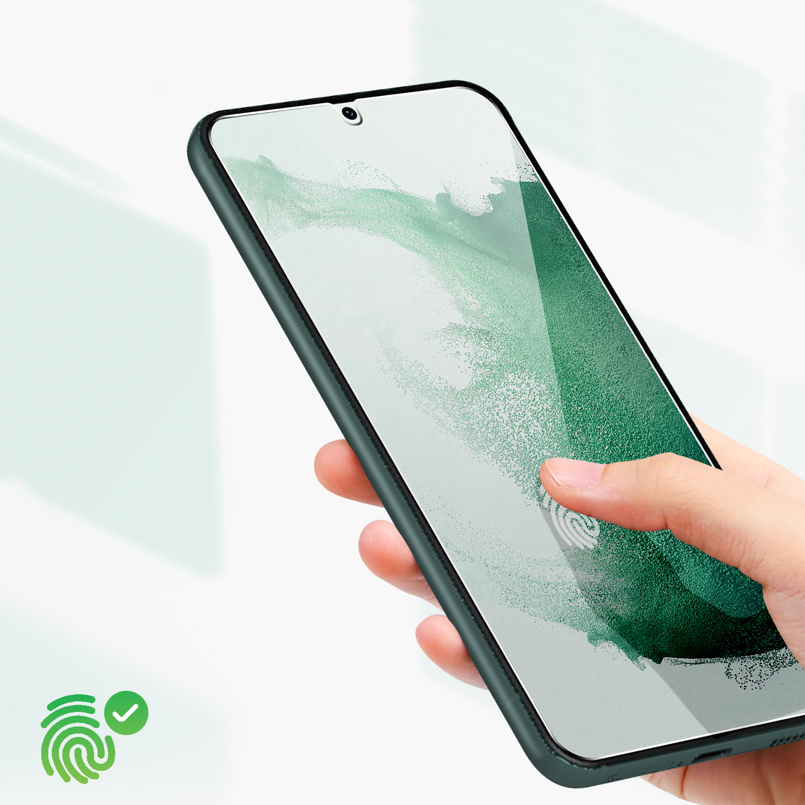 Mano che tocca schermo telefono, icona impronta digitale con spunta.