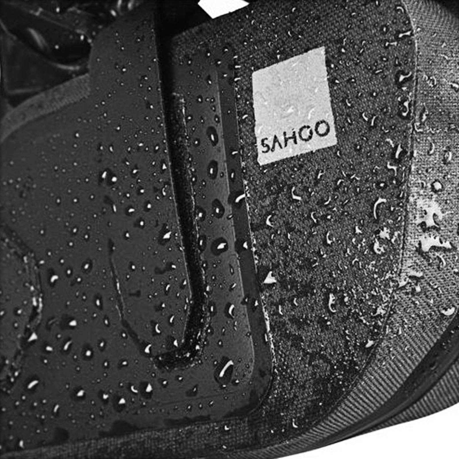 Nahaufnahme einer schwarzen Fahrradtasche mit dem Markennamen "SAHOO".