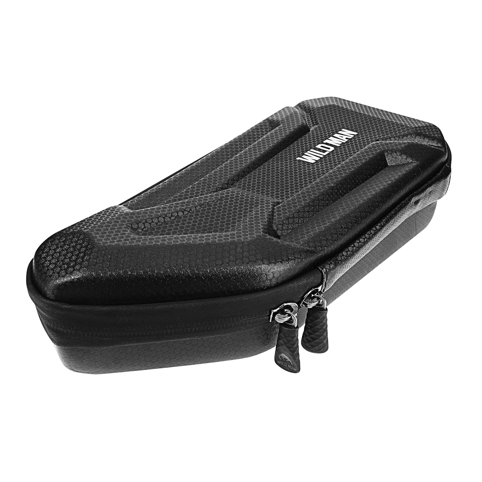 Schwarze, strukturierte Fahrradtasche mit Reißverschluss. 'WILD MAN' Logo sichtbar. Eine Tasche für ein Fahrrad.