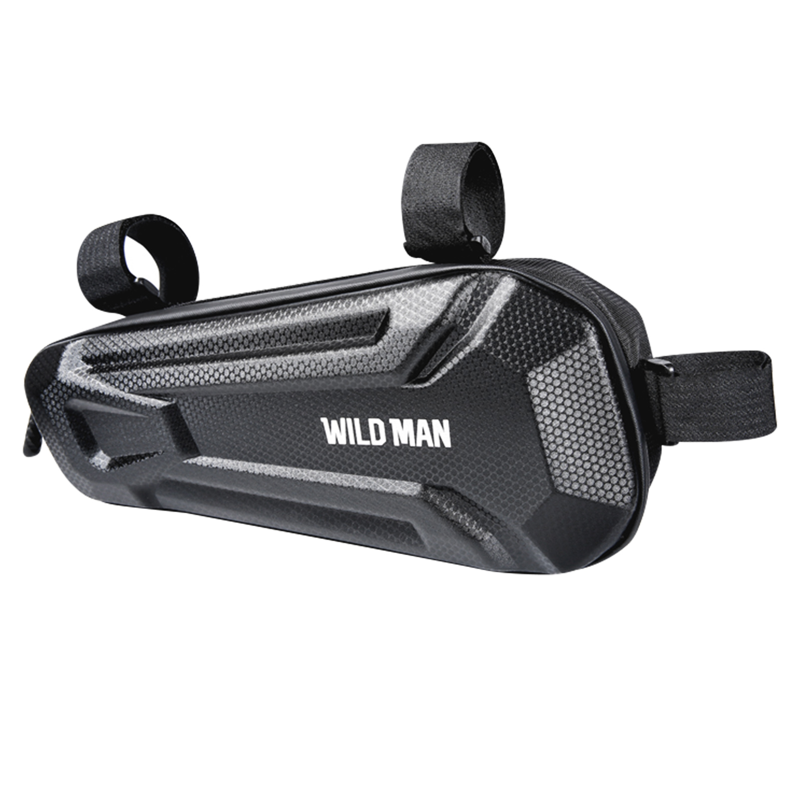 Eine schwarze Fahrradtasche mit dem Text "WILD MAN" auf weißem Hintergrund.