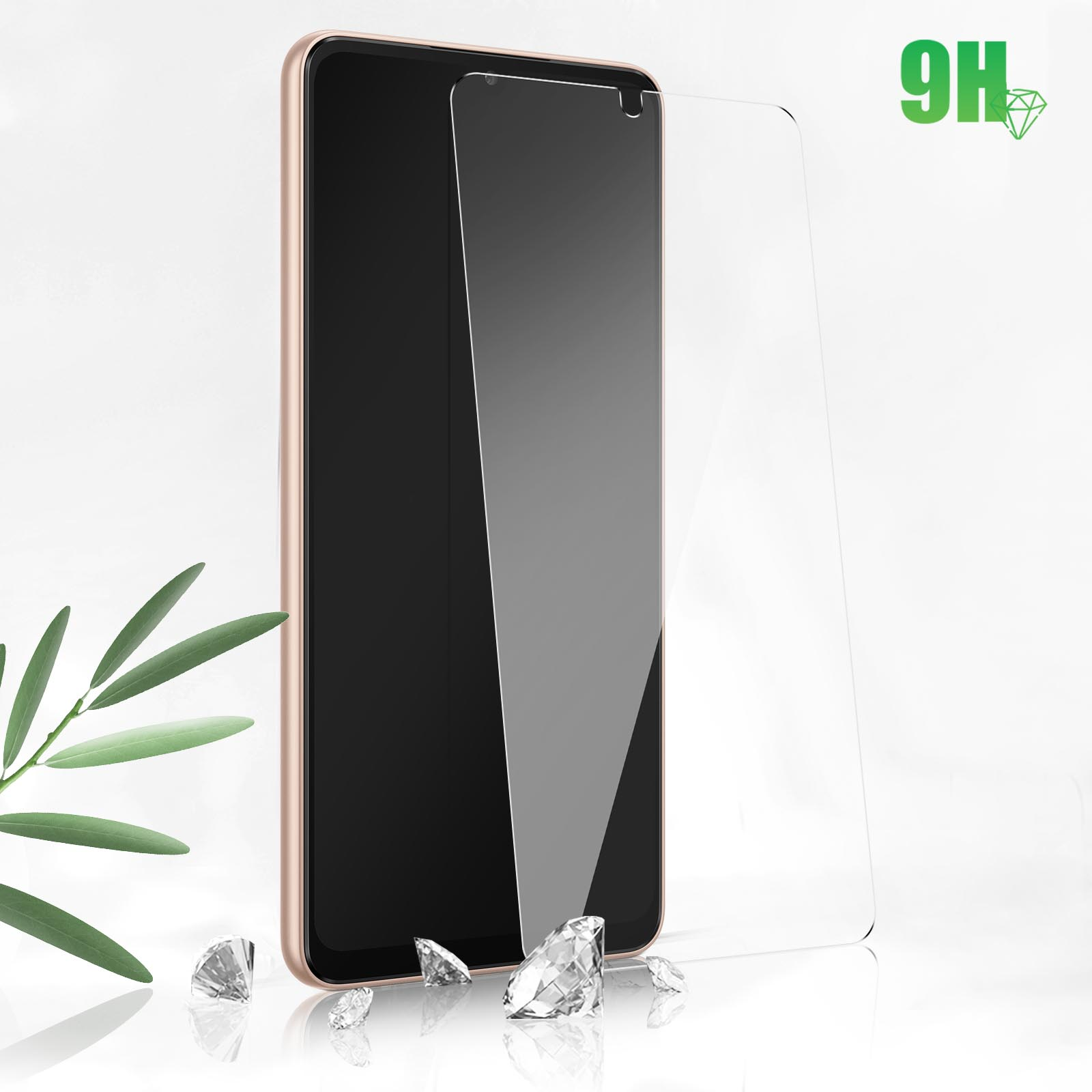 Proteggi schermo per telefono con diamanti. Telefono a sinistra. Testo 9H in verde.