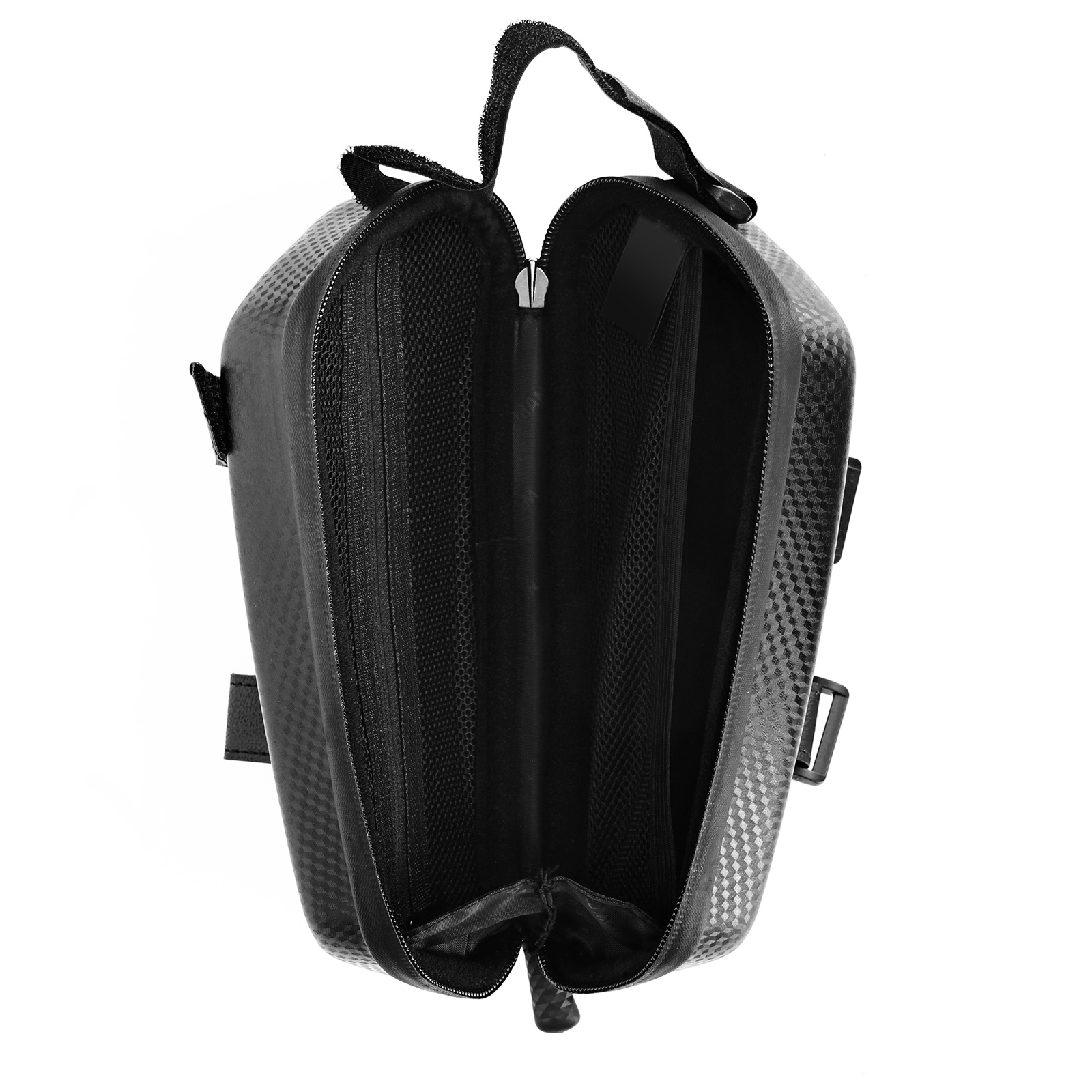 Geöffnete schwarze Fahrradtasche, um das Innere zu zeigen. Sie hat mehrere Fächer. Die Tasche besteht aus strukturiertem Material.
