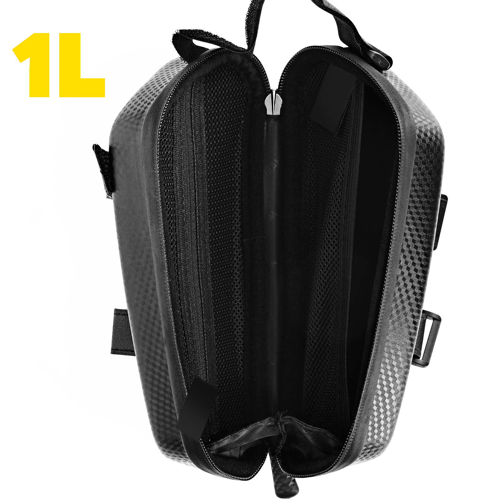 Schwarze Fahrradtasche mit Reißverschluss ist geöffnet. Innen befindet sich ein schwarzer Netz-Teiler.