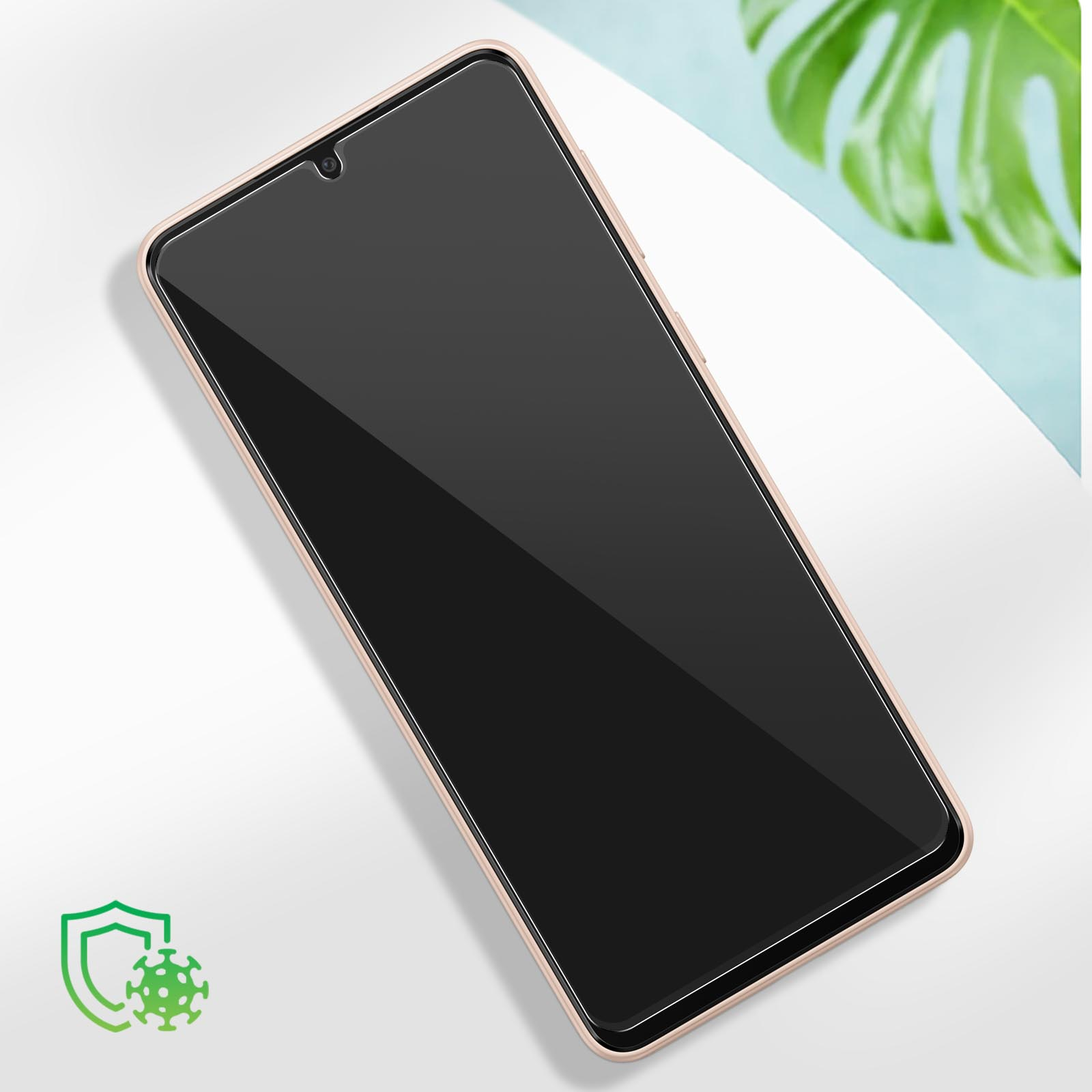 Uno smartphone nero con protezione schermo, esposto su una superficie chiara.