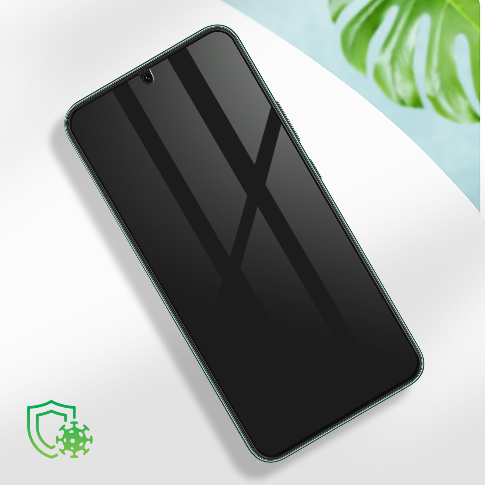 Un telefono con una protezione per lo schermo applicata e uno scudo con un'icona di virus.