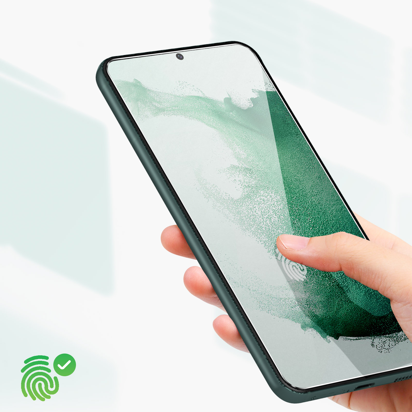 Una mano tocca lo schermo di un telefono con un'icona di impronta digitale verde e un segno di spunta.