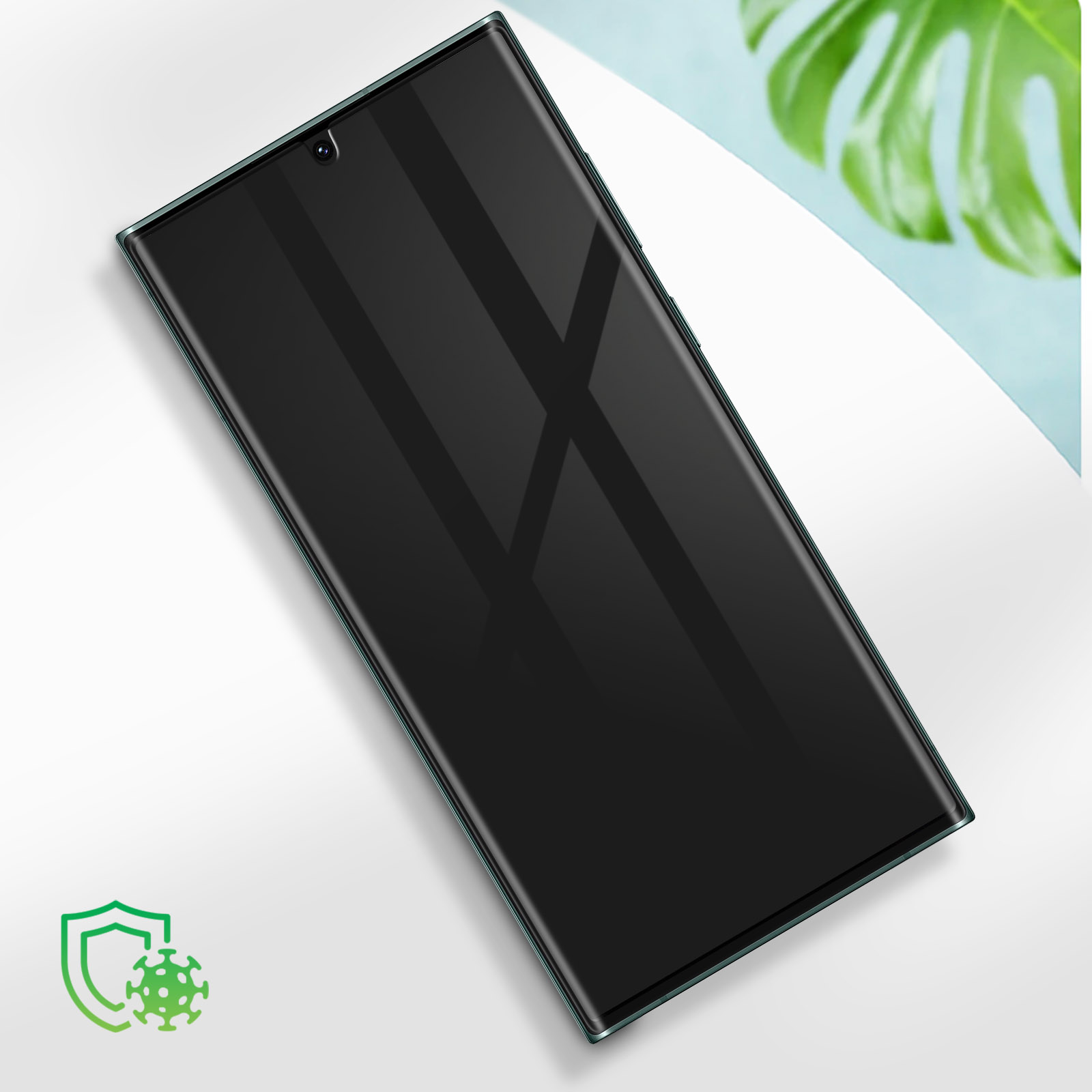 Smartphone nero con bordo verde. Su superficie bianca. Icona antivirus.