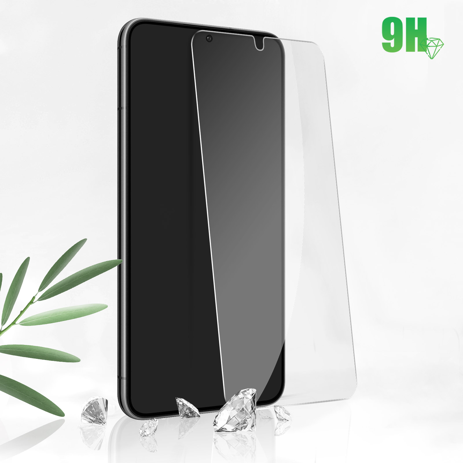 Telefono con protezione schermo. Diamanti davanti. Marchio verde 9H in alto a destra.