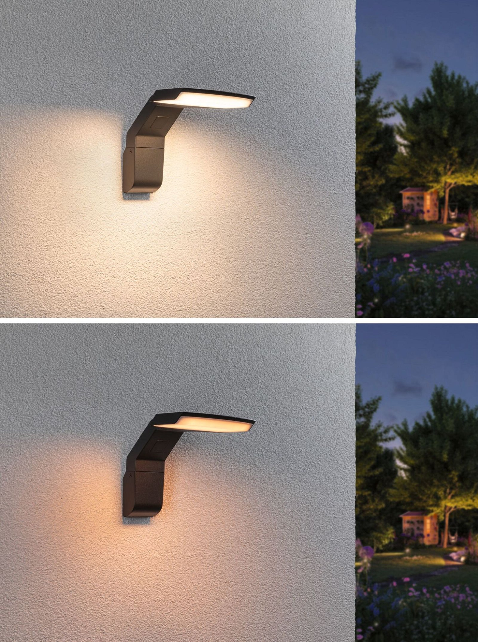 Czarna lampa ścienna z jasnym światłem na białej ścianie, przechodząca w ciemną scenerię zewnętrzną.