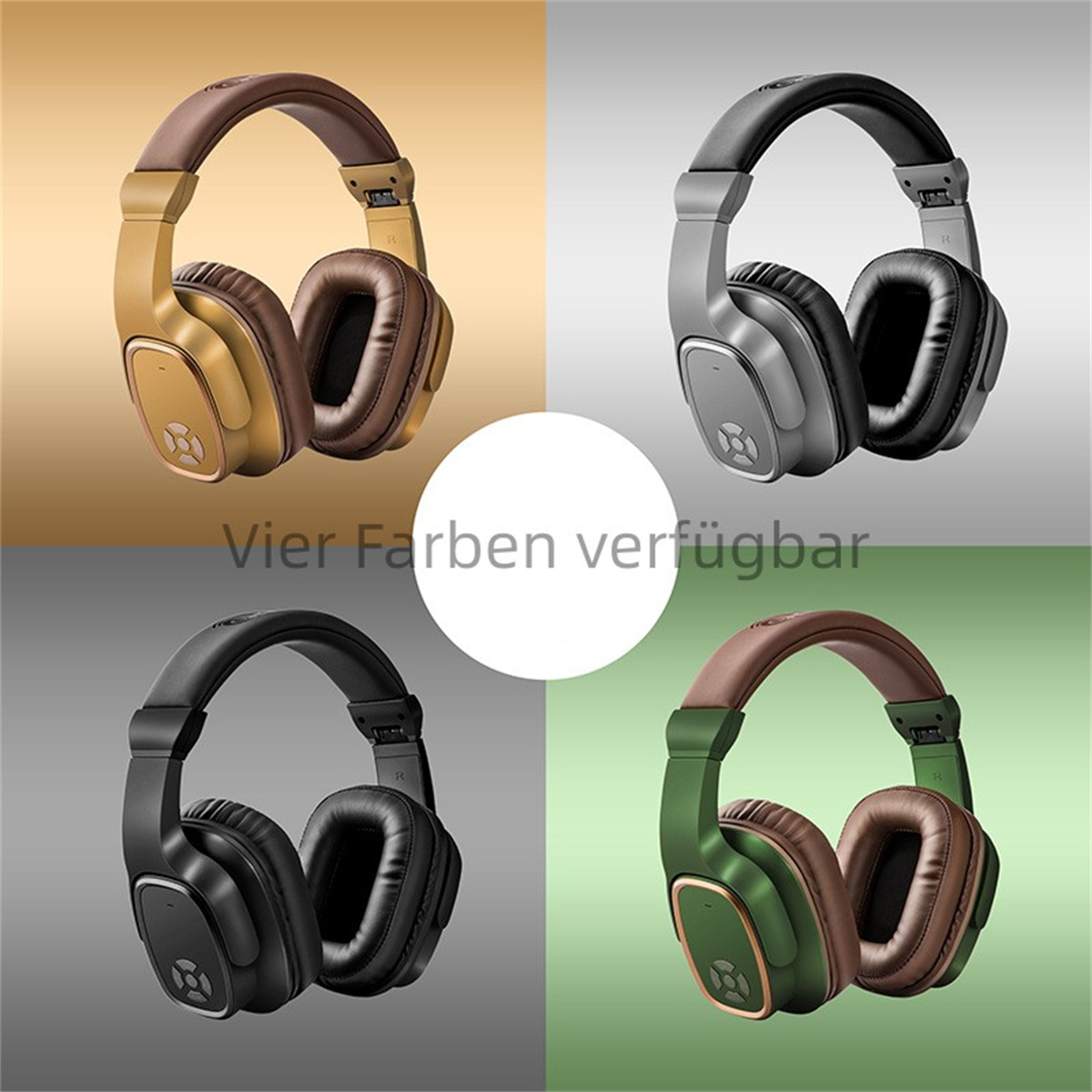 Vier Kopfhörerpaare in Gold, Grau, Schwarz und Grün. Weißer Kreis in der Mitte.