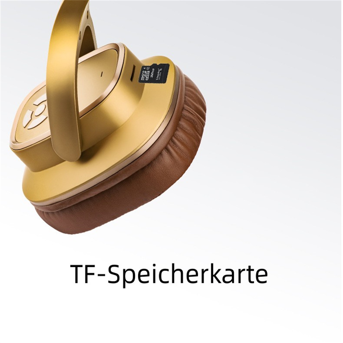 Goldene Kopfhörer mit braunem Polster. TF-Speicherkarte-Text unten.
