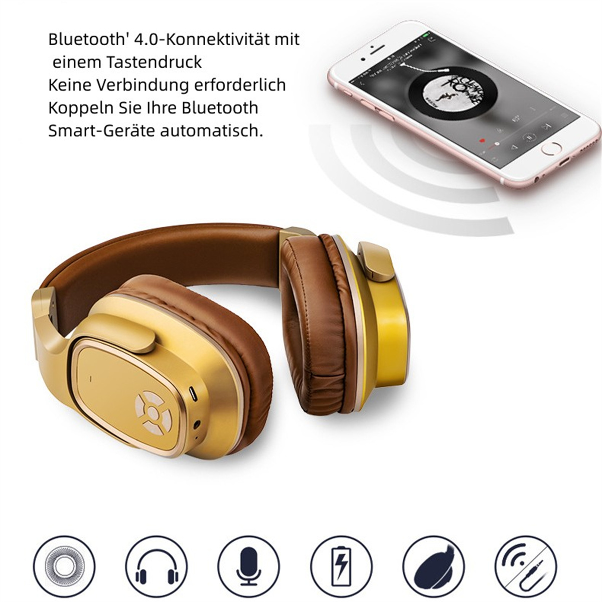 Goldene und braune kabellose Kopfhörer neben einem Telefon. Symbole der Funktionen darunter.