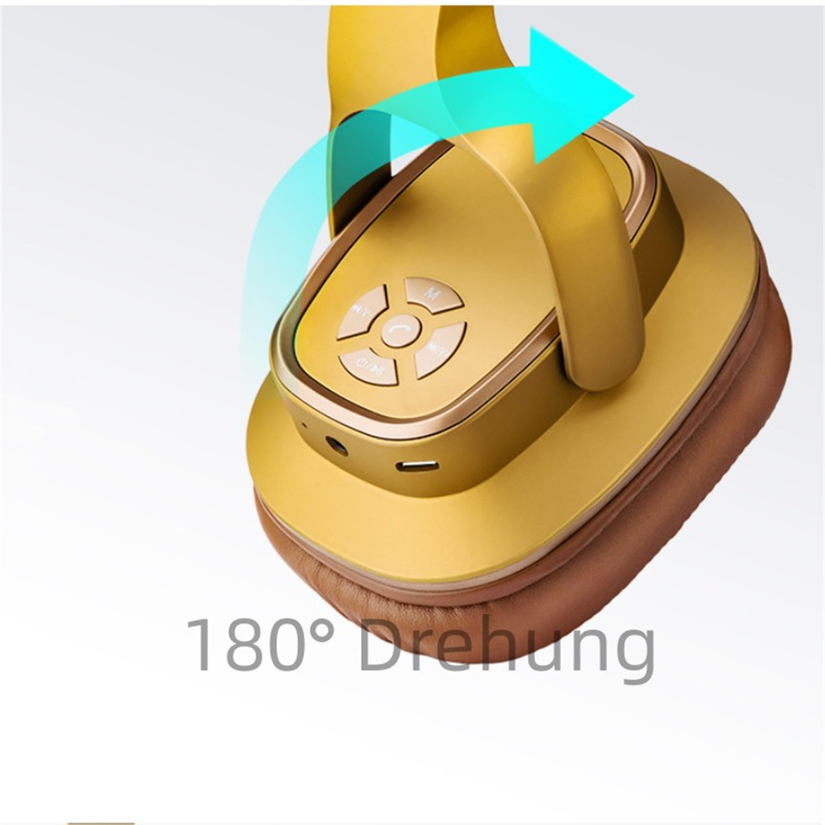 Ein gelber Kopfhörer mit einem 180° Drehung (Drehung) Pfeil, der die Bewegung anzeigt. Braune Ohrmuscheln sind sichtbar.