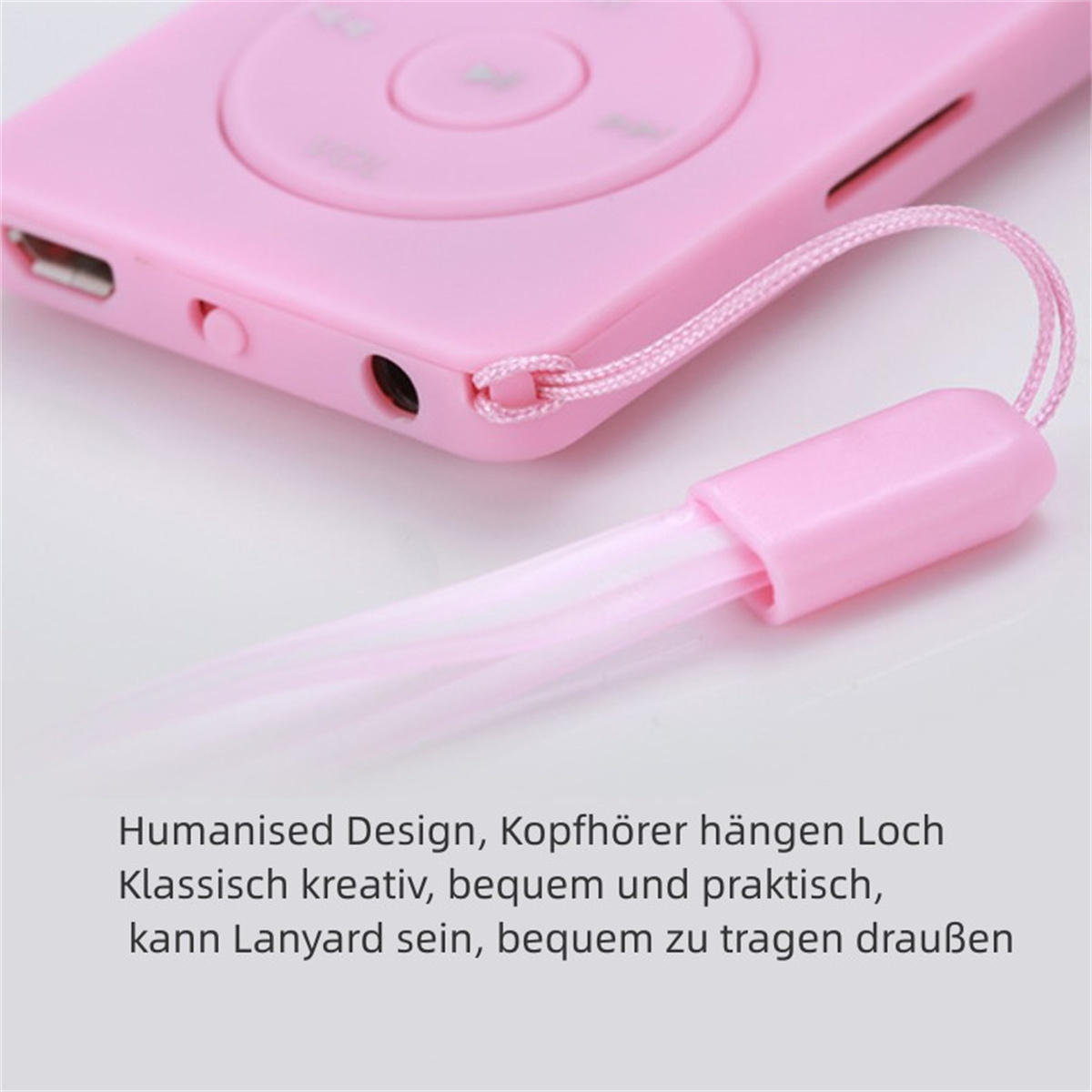 Rosa MP3-Player mit Lanyard.