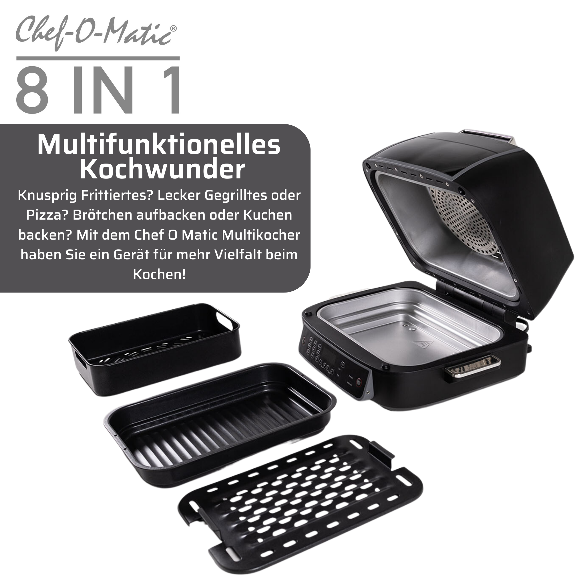 Schwarzes Küchengerät mit mehreren abnehmbaren Teilen und Text.