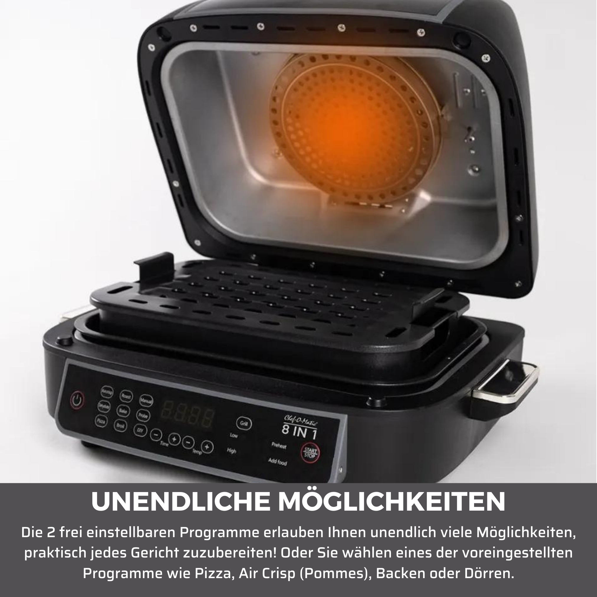 Schwarze Heißluftfritteuse mit offenem Deckel, Grill und Heizelement. Text über Kochprogramme.