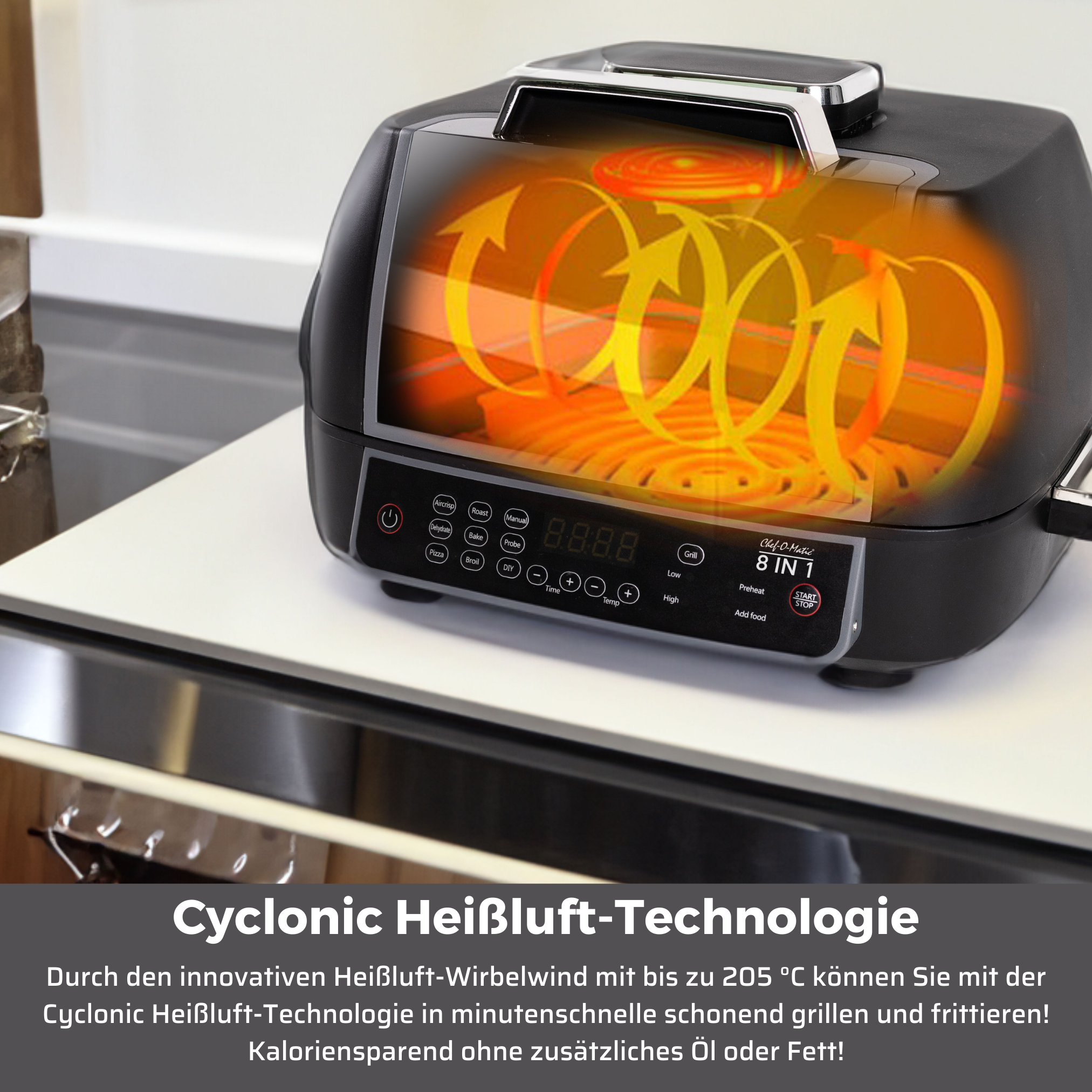 Schwarze Heißluftfritteuse mit digitalem Display, zeigt Kochvorgänge im Inneren. Weißer Hintergrund.