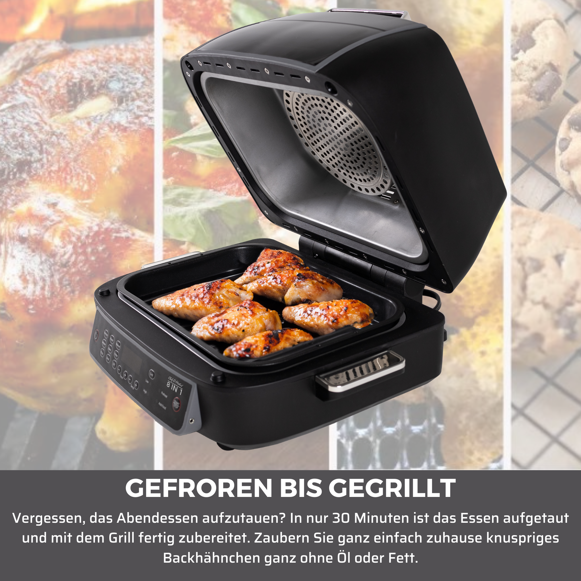 Schwarzer Grill mit Hähnchenflügeln. Text unten auf Deutsch.