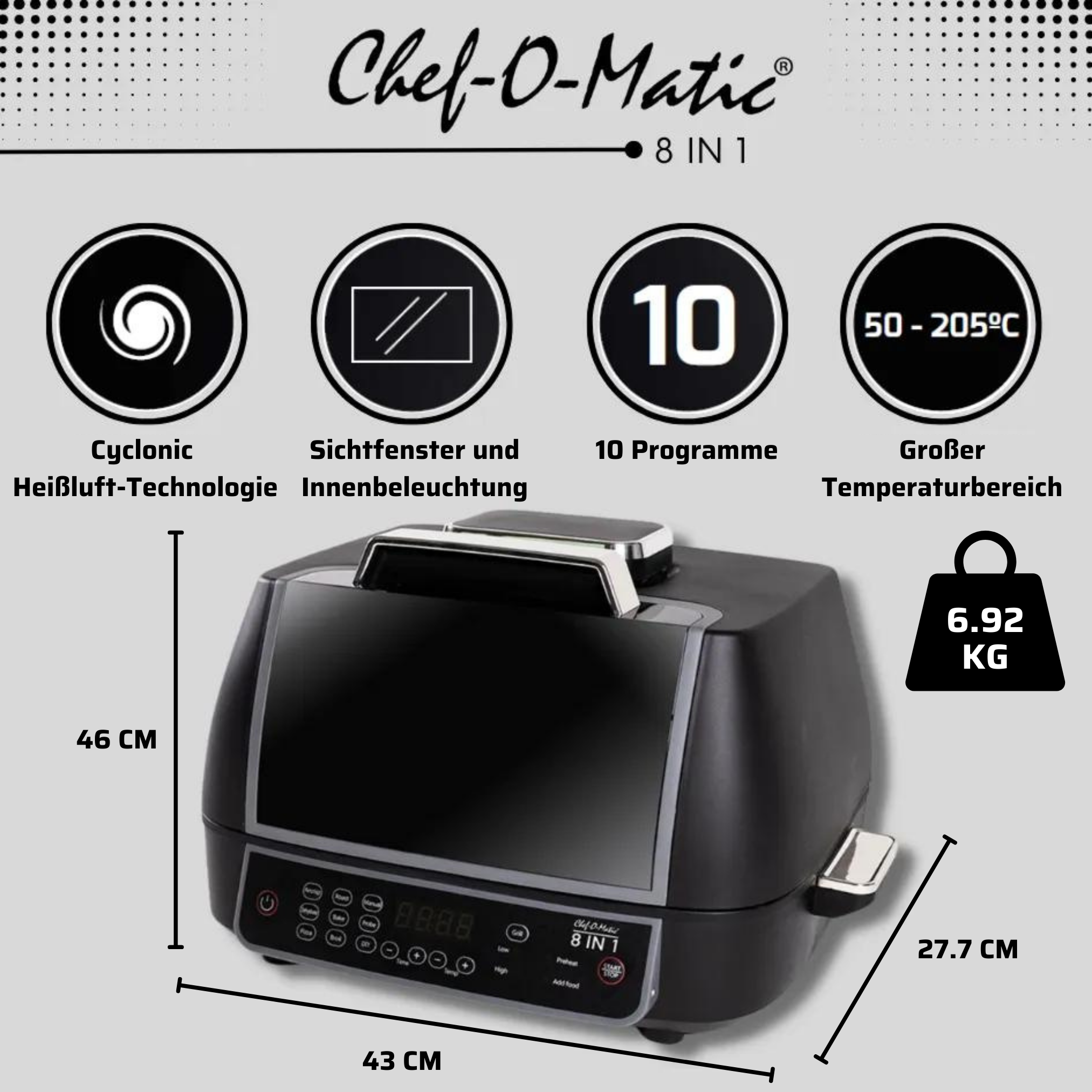 Schwarze Chef-O-Matic 8-in-1 Heißluftfritteuse. Sie zeigt Abmessungen, Temperatur und Funktionen auf der Vorderseite.