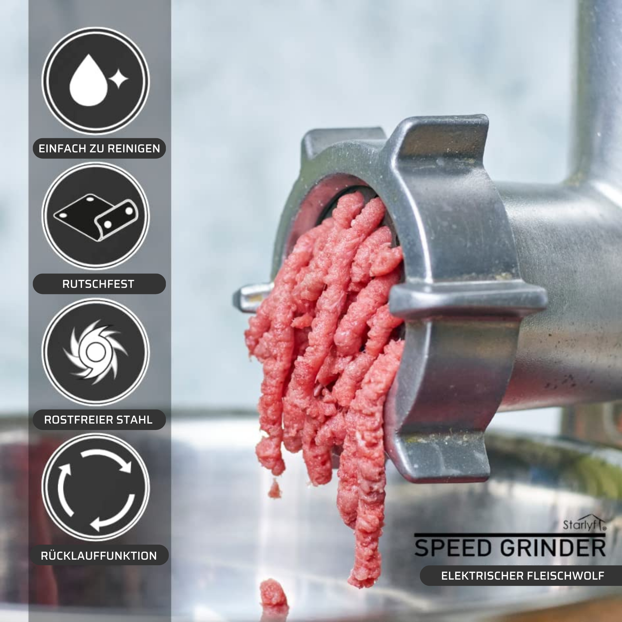 Ein Fleischwolf zerkleinert rohes Fleisch, mit Symbolen für Funktionen: leicht zu reinigen, rutschfest, Edelstahl, Rücklauf.