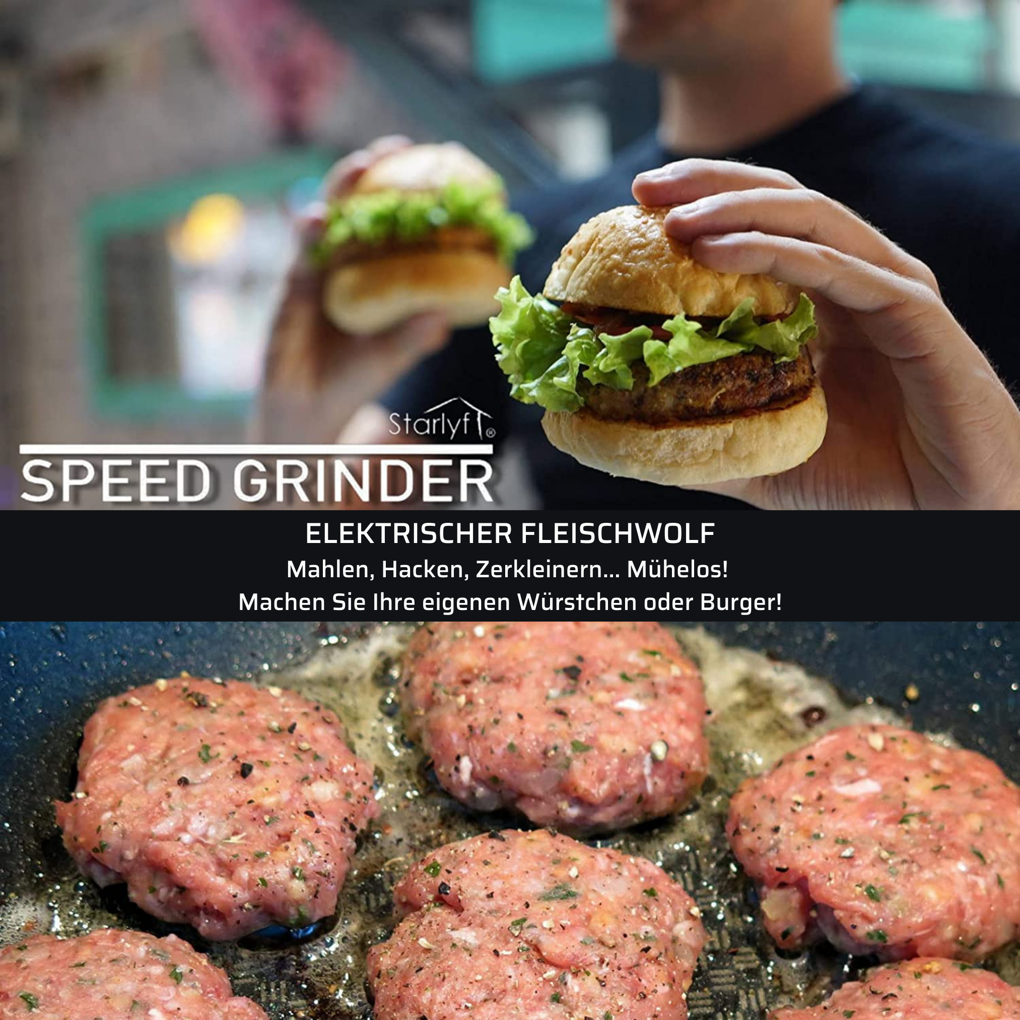 Person hält Burger neben Bratlingen in der Pfanne, Text wirbt für Fleischwolf.