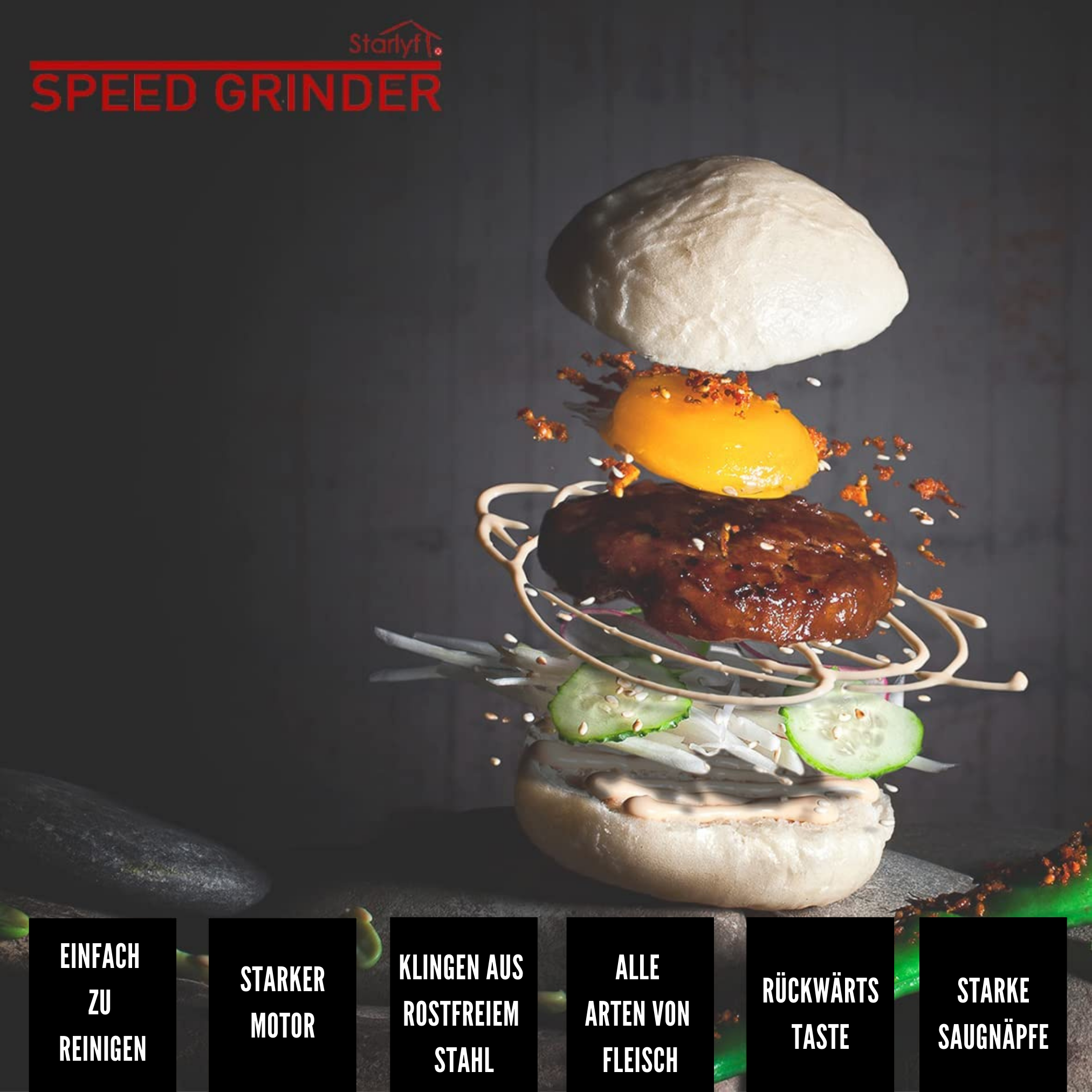 Zerlegter Burger mit schwebenden Zutaten und Text.