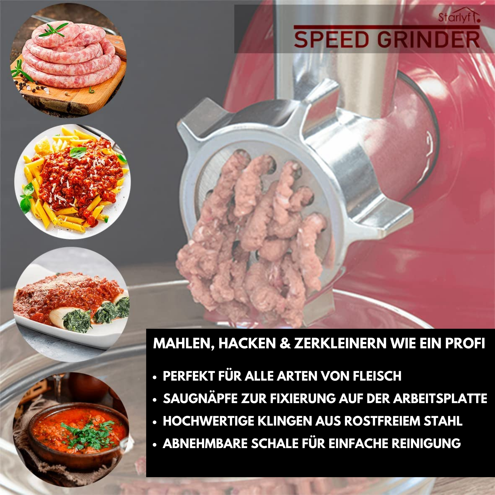Ein roter Fleischwolf zerkleinert Fleisch. Essensproben von Pasta, Wurst und Suppe werden angezeigt. Text: Mahlen, hacken und zerkeinern wie ein Profi.