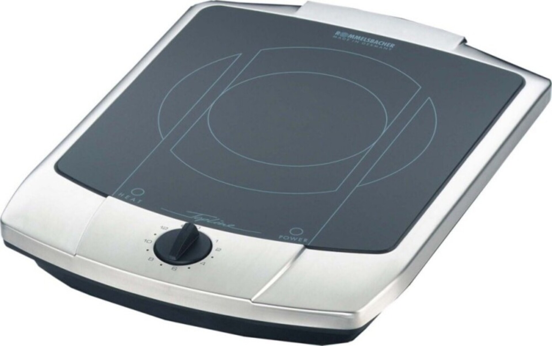 Quadratisches Induktionskochfeld mit Drehknopf und schwarzer Glasoberfläche.