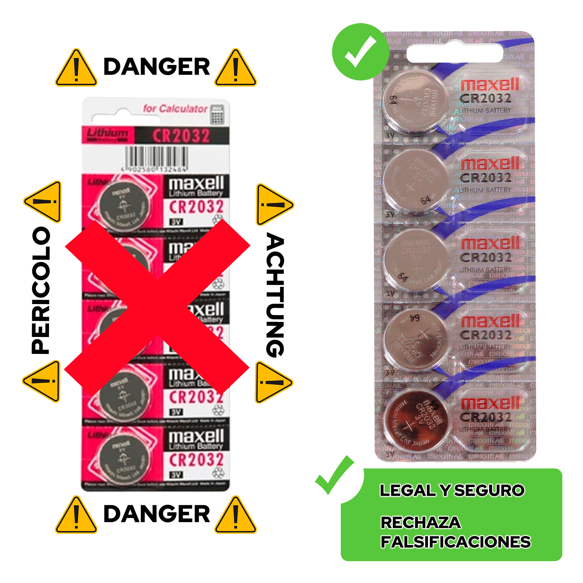 Baterías con advertencias de peligro y una marca de verificación.
