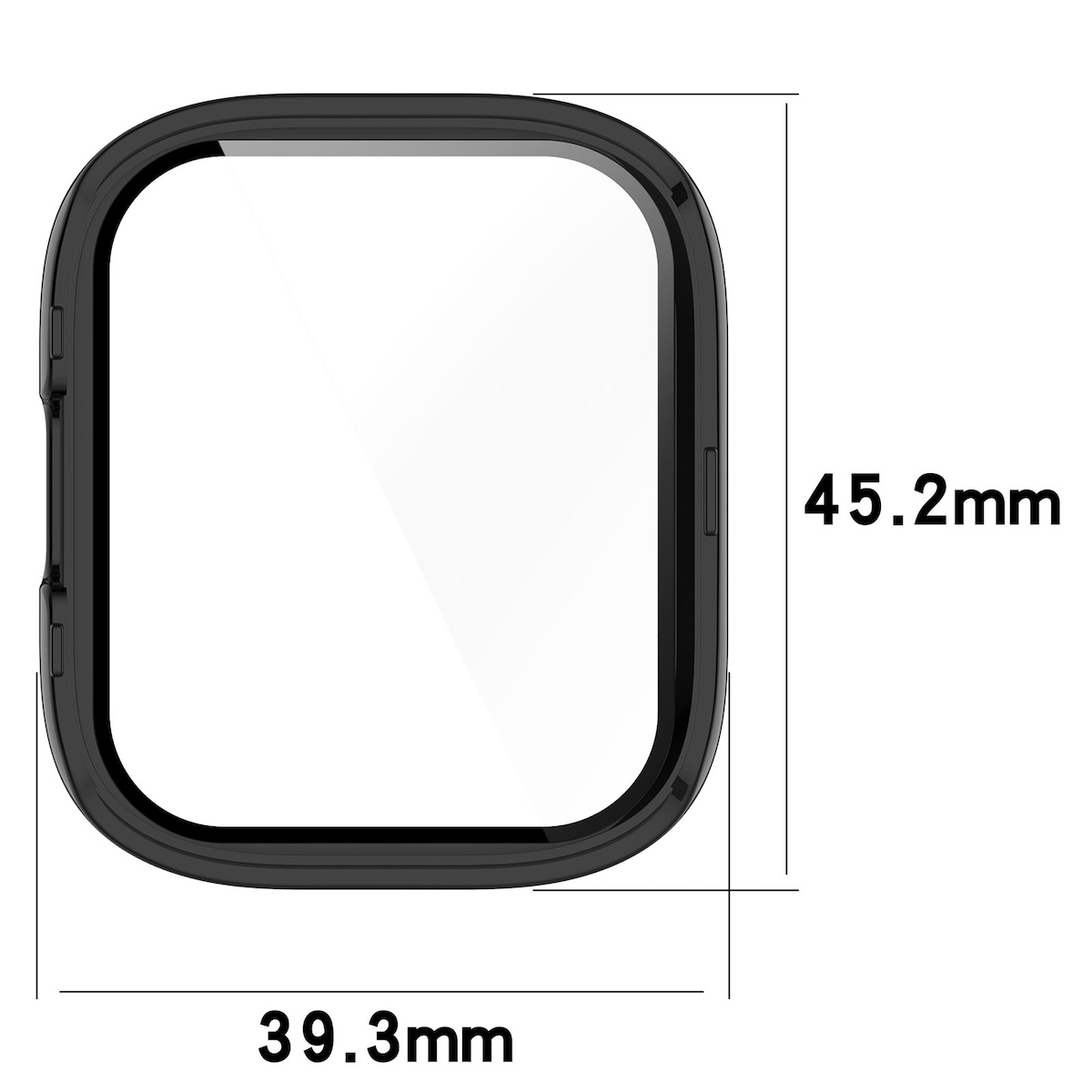 Un protector de pantalla negro para un reloj inteligente, con dimensiones etiquetadas. El protector es cuadrado.