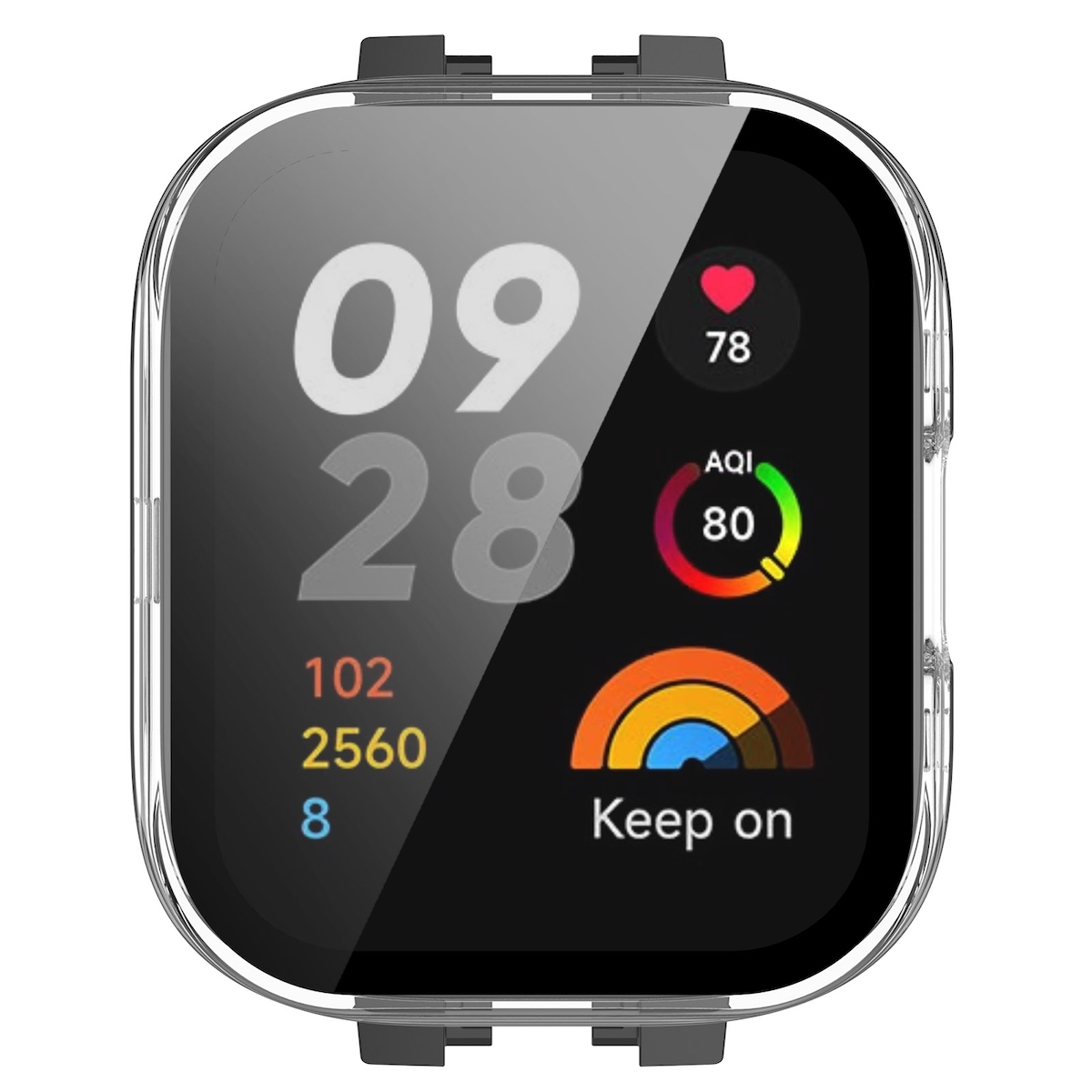Pantalla de reloj inteligente que muestra hora, frecuencia cardíaca, calidad del aire y otros datos.