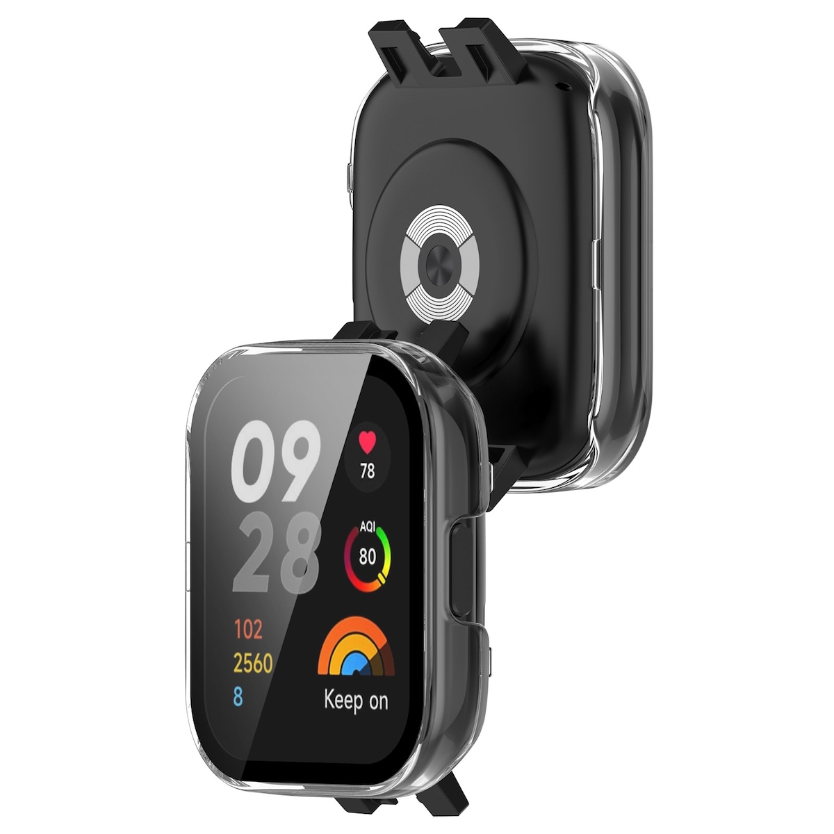 Reloj inteligente en funda transparente. Muestra hora, batería y otras métricas.