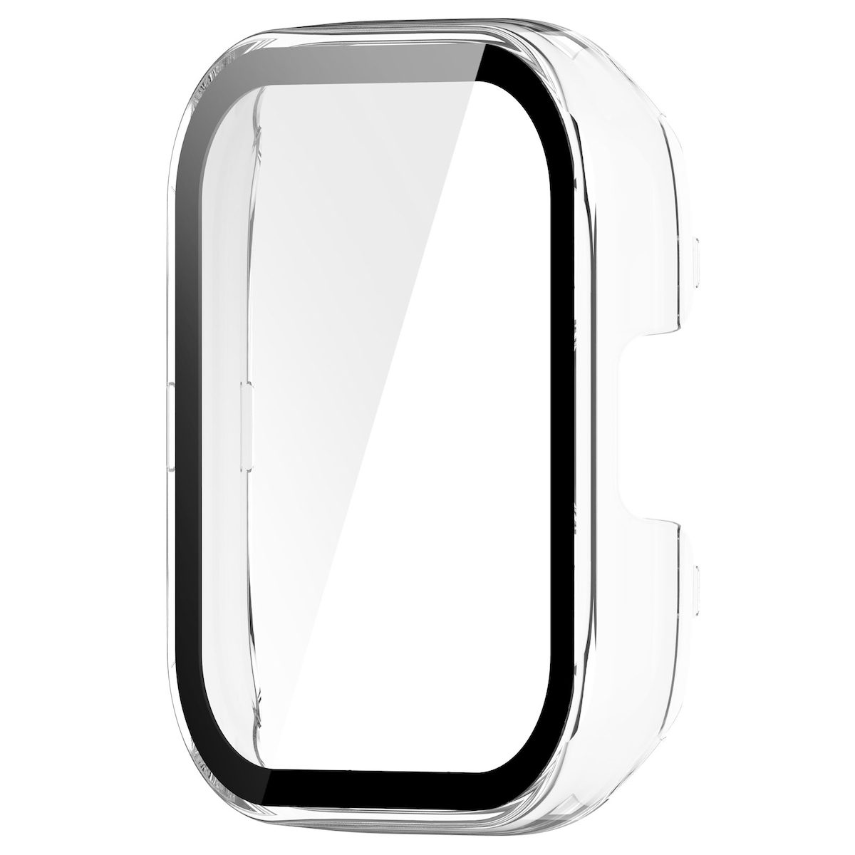 Funda transparente para reloj con borde negro, que muestra una forma cuadrada para smartwatches.